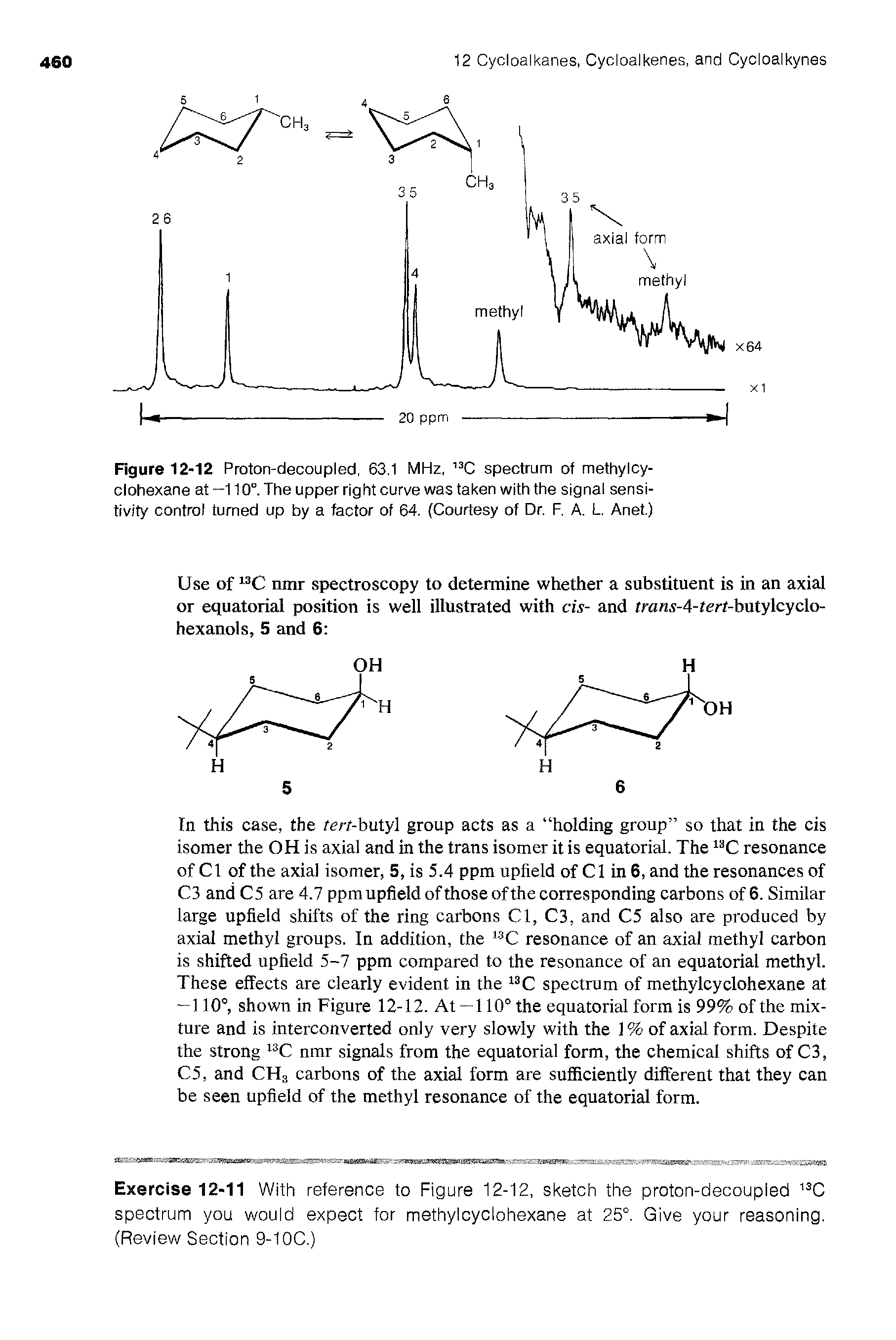 Figure 12-12 Proton-decoupled, 63.1 MHz, 13C spectrum of methylcy-clohexane at—110°. The upper right curve was taken with the signal sensitivity control turned up by a factor of 64. (Courtesy of Dr. F. A. L. Anet.)...