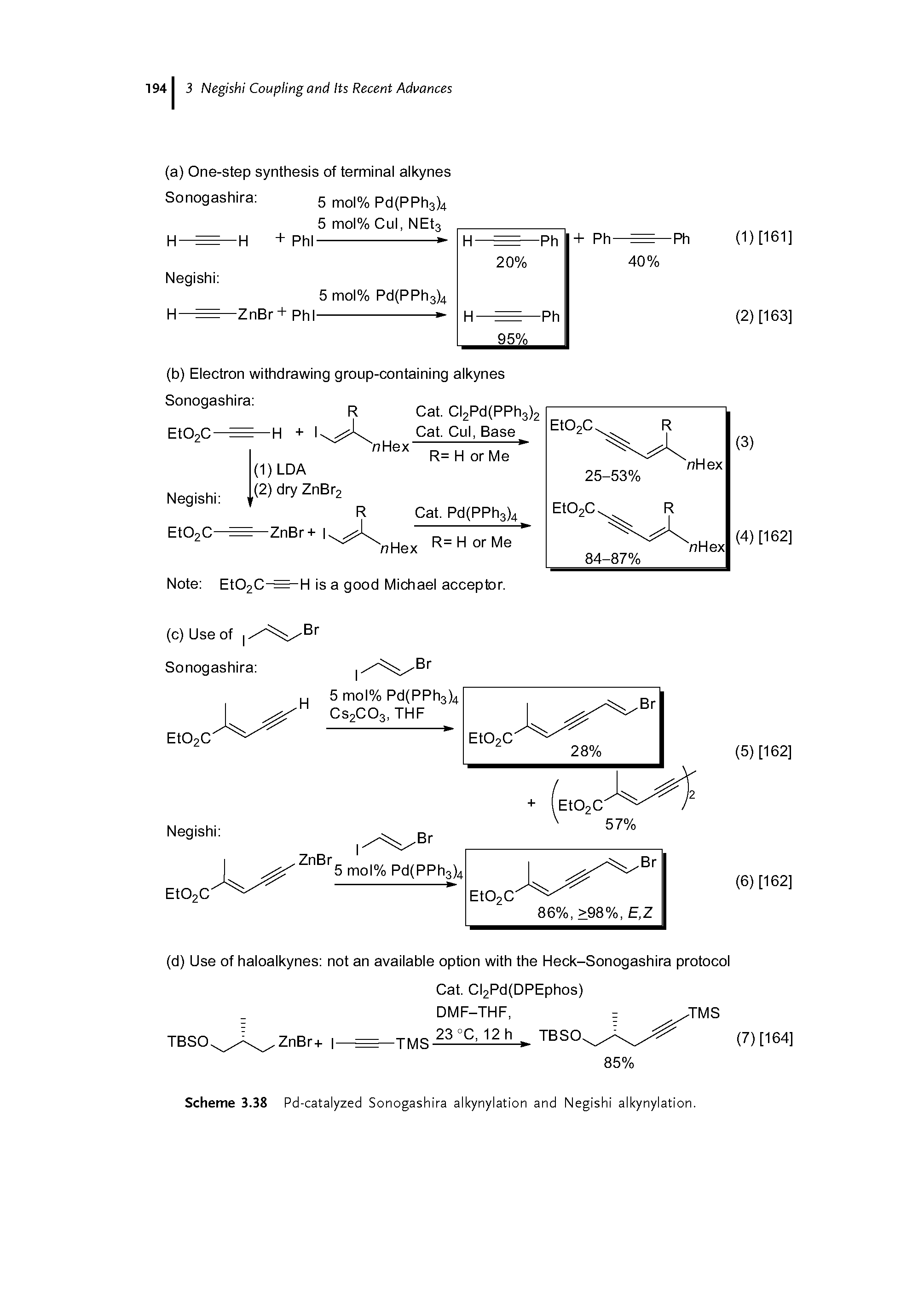 Scheme 3.38 Pd-catalyzed Sonogashira alkynylation and Negishi alkynylation.