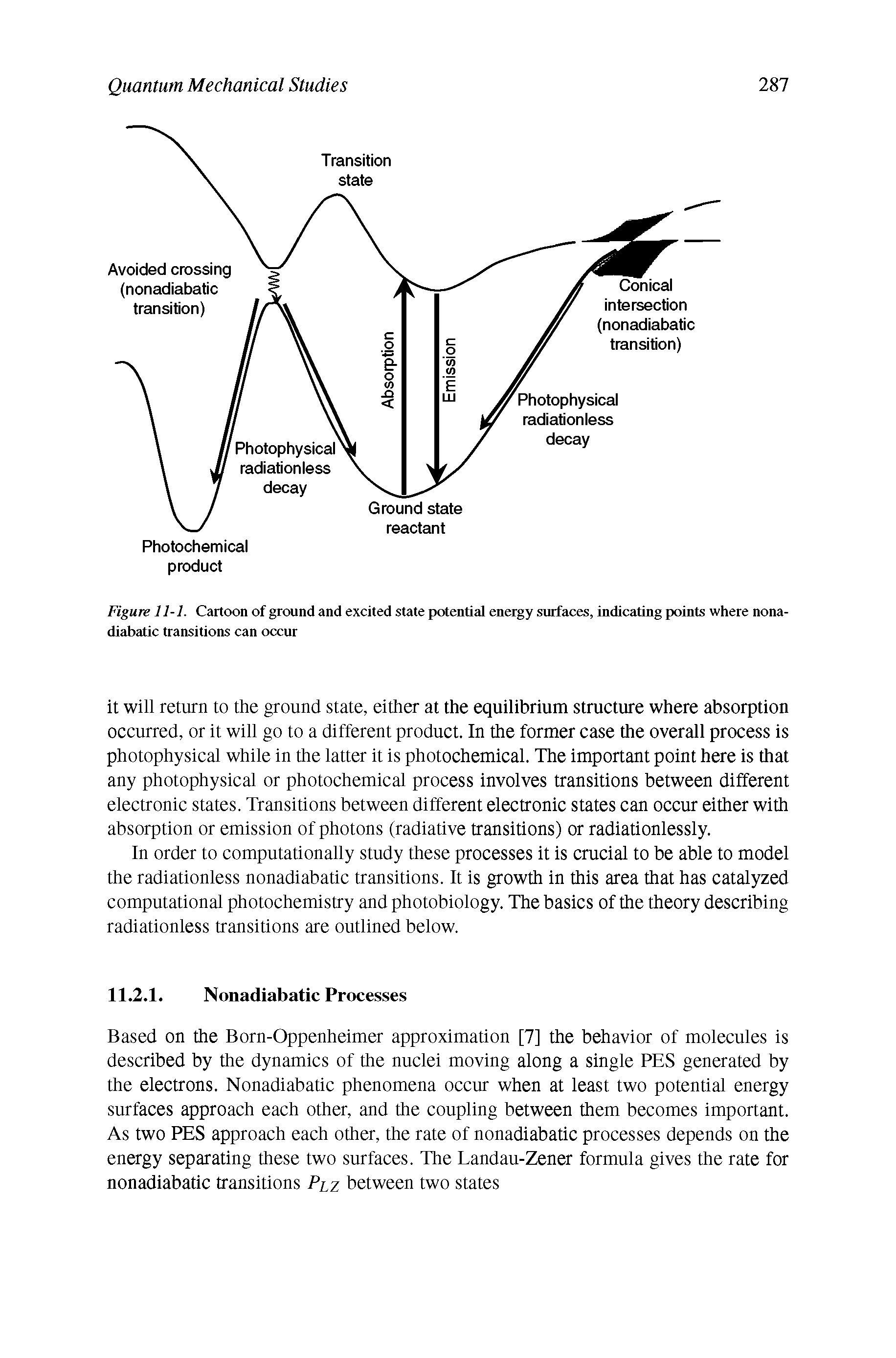 Figure 11-1. Cartoon of ground and excited state potential energy surfaces, indicating points where nona-diabatic transitions can occur...