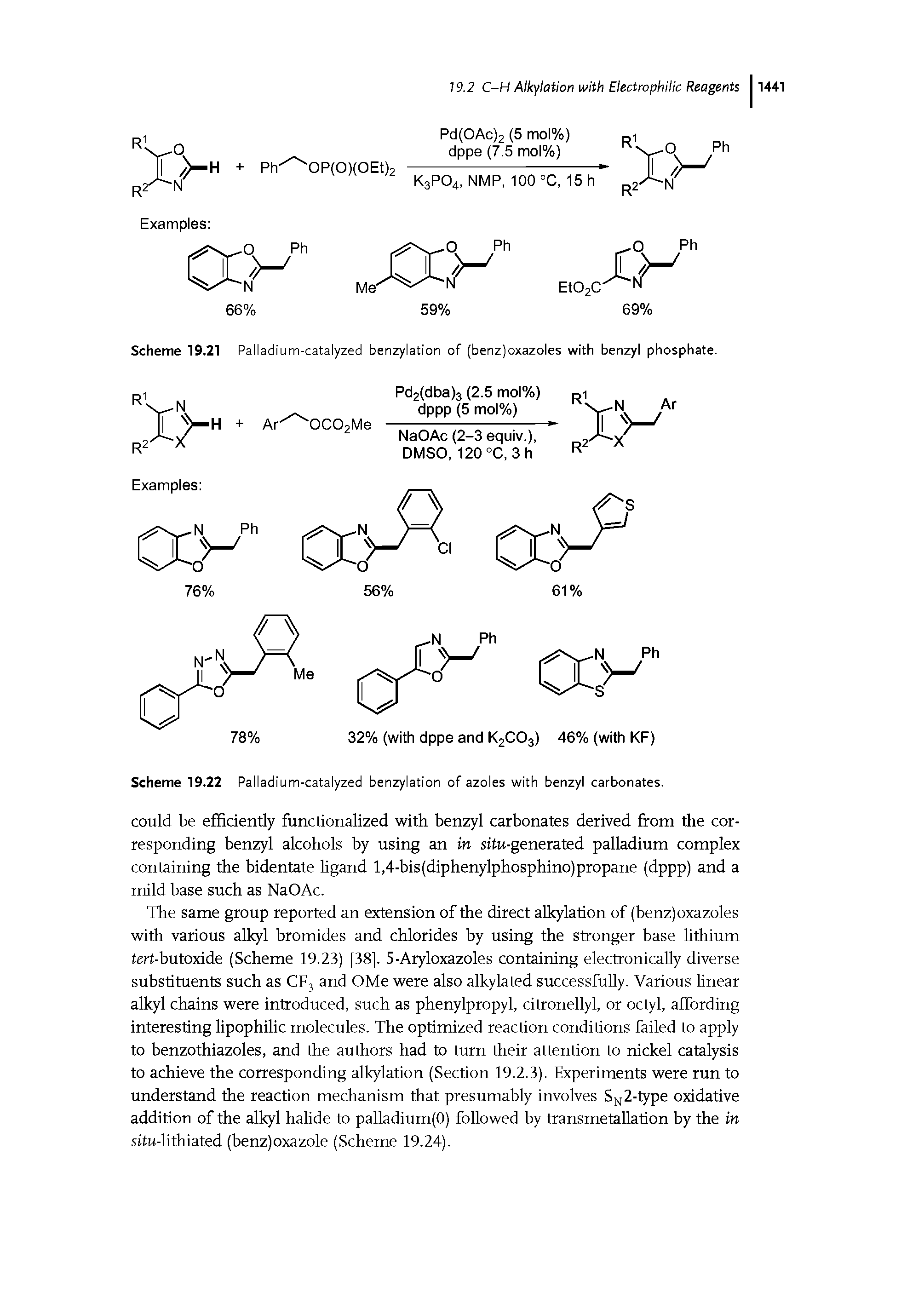 Scheme 19.21 Palladium-catalyzed benzylation of (benz)oxazoles with benzyl phosphate.