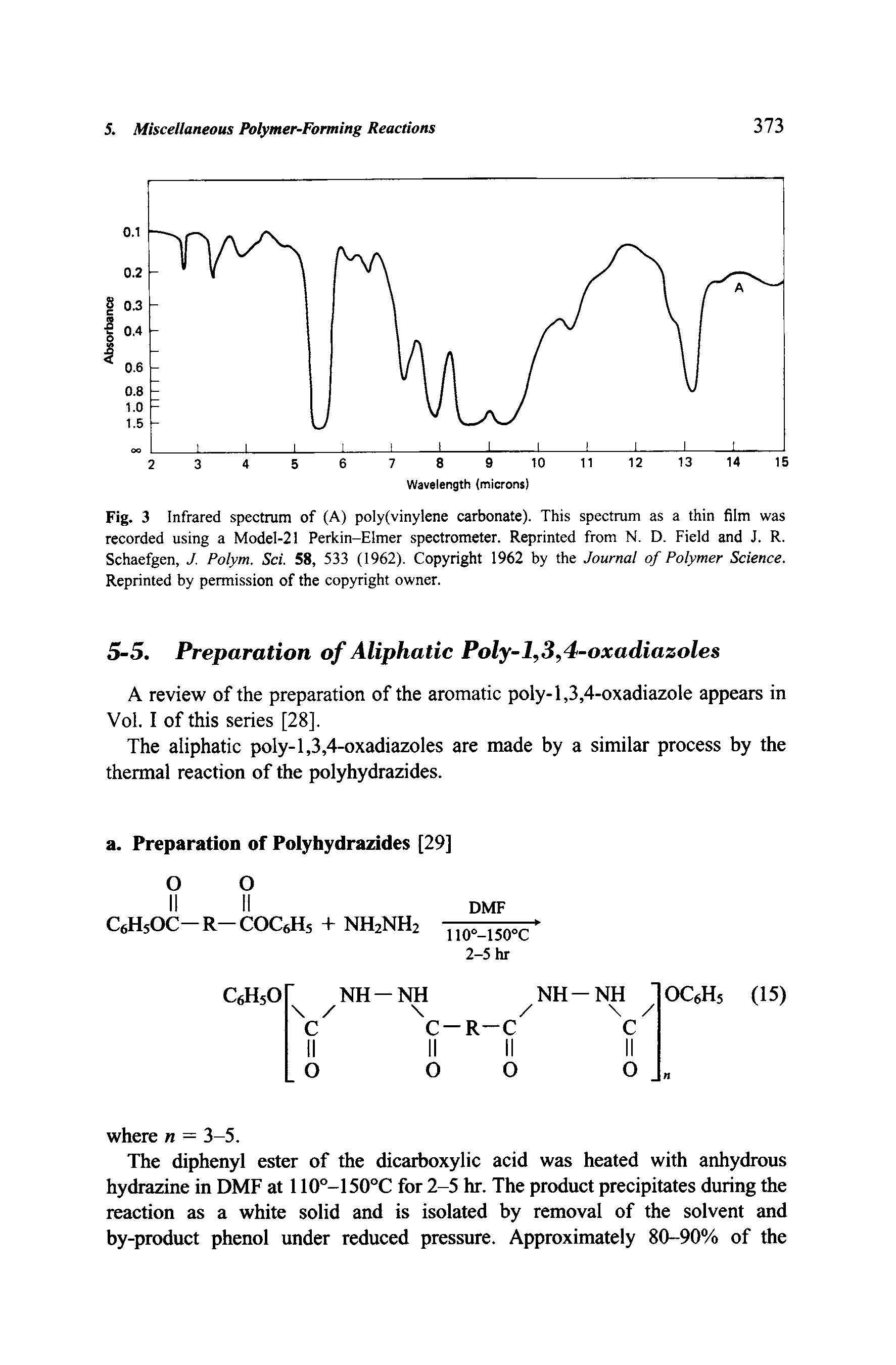 Fig. 3 Infrared spectrum of (A) poly(vinylene carbonate). This spectrum as a thin film was recorded using a ModeI-21 Perkin-Elmer spectrometer. Reprinted from N. D. Field and J. R. Schaefgen, J. Polym. Sci. 58, 533 (1962). Copyright 1962 by the Journal of Polymer Science. Reprinted by permission of the copyright owner.