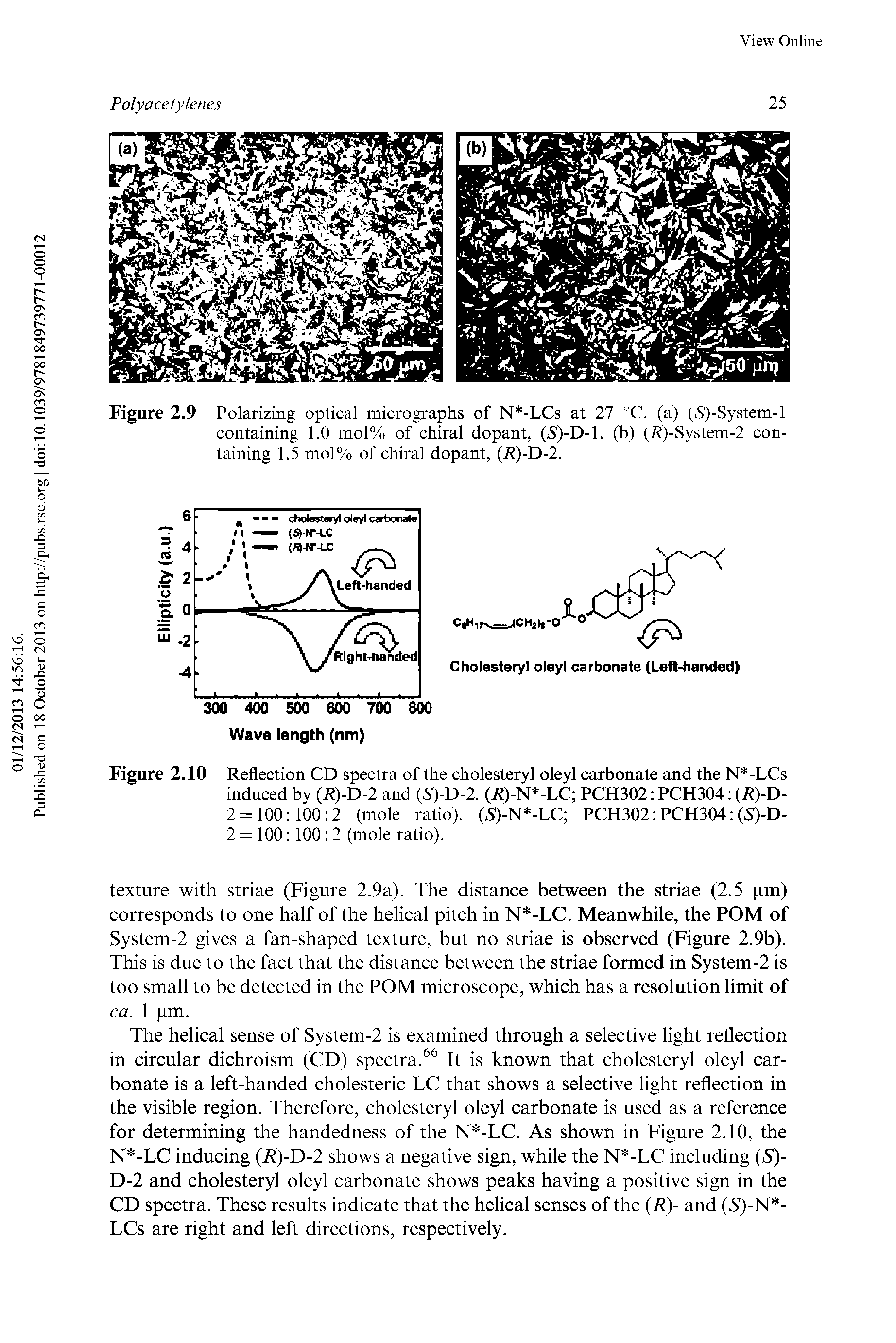 Figure 2.10 Reflection CD spectra of the cholesteryl oleyl carbonate and the N -LCs induced by (R)-D-2 and (5)-D-2. (R)-N -LC PCH302 PCH304 (R)-D-2=100 100 2 (mole ratio). (5)-N -LC PCH302 PCH304 (5)-D-...
