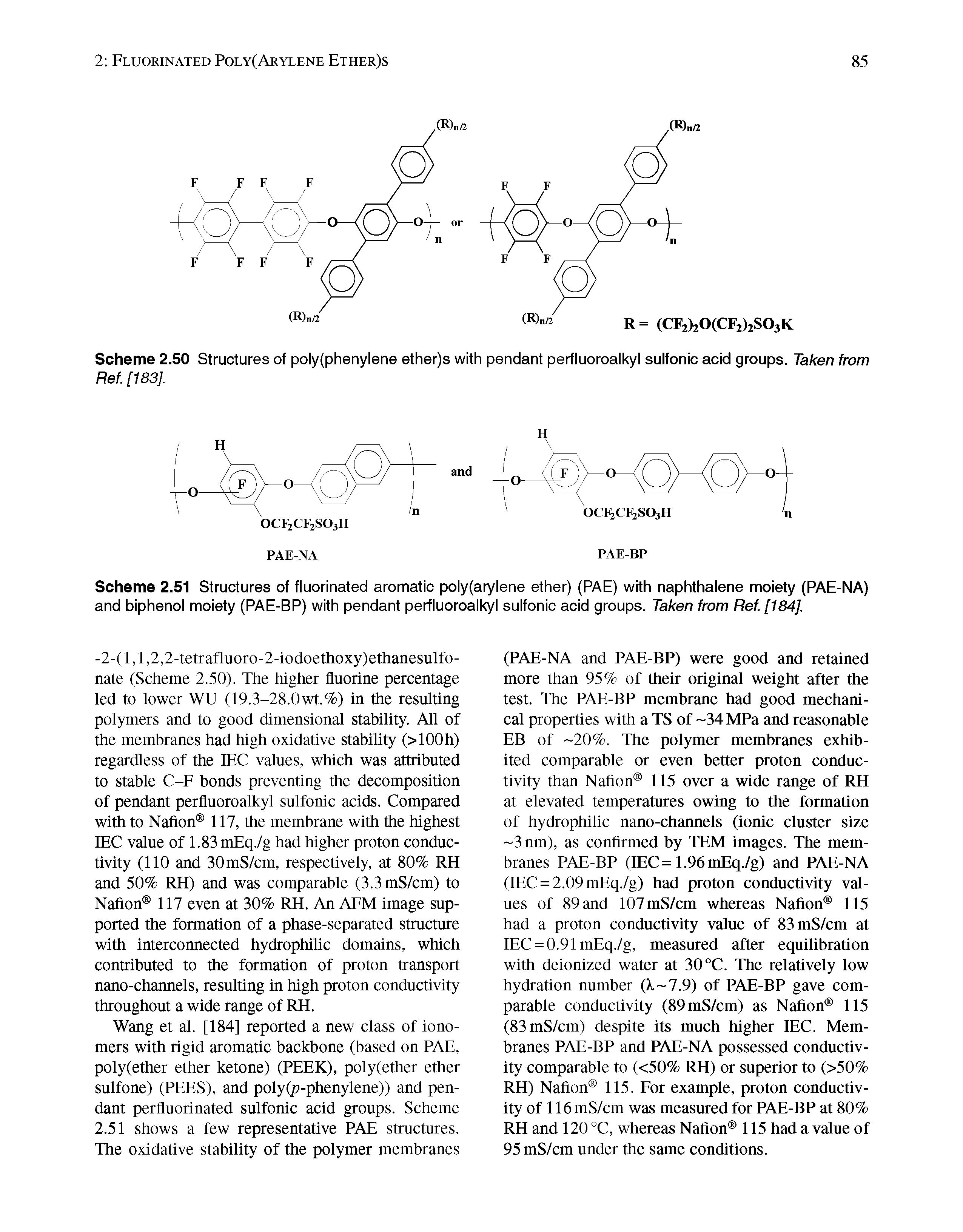 Scheme 2.50 Structures of poly(phenylene ether)s with pendant perfluoroalkyl sulfonic acid groups. Taken from Ref. [183],...