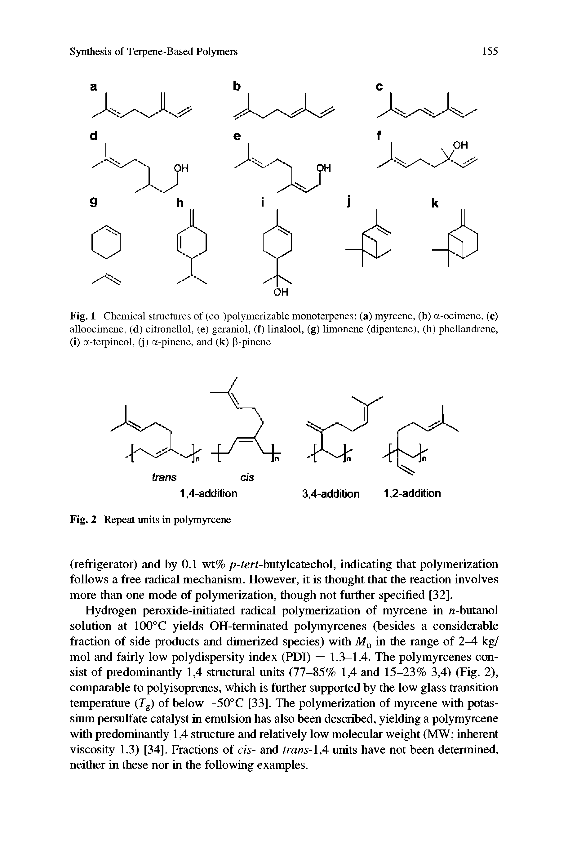 Fig. 1 Chemical structures of (co-)polymerizable monoterpenes (a) myrcene, (b) a-ocimene, (c) alloocimene, (d) citronellol, (e) geraniol, (f) linalool, (g) limonene (dipentene), (h) phellandrene, (i) a-terpineol, (j) a-pinene, and (k) P-pinene...