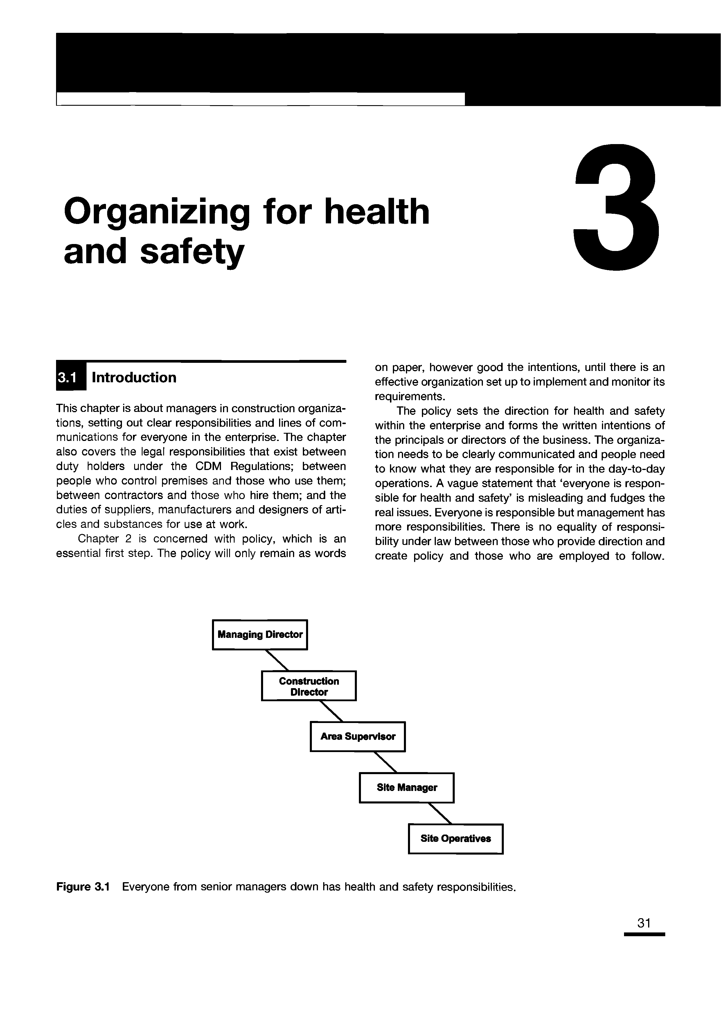 Figure 3.1 Everyone from senior managers down has health and safety responsibilities.