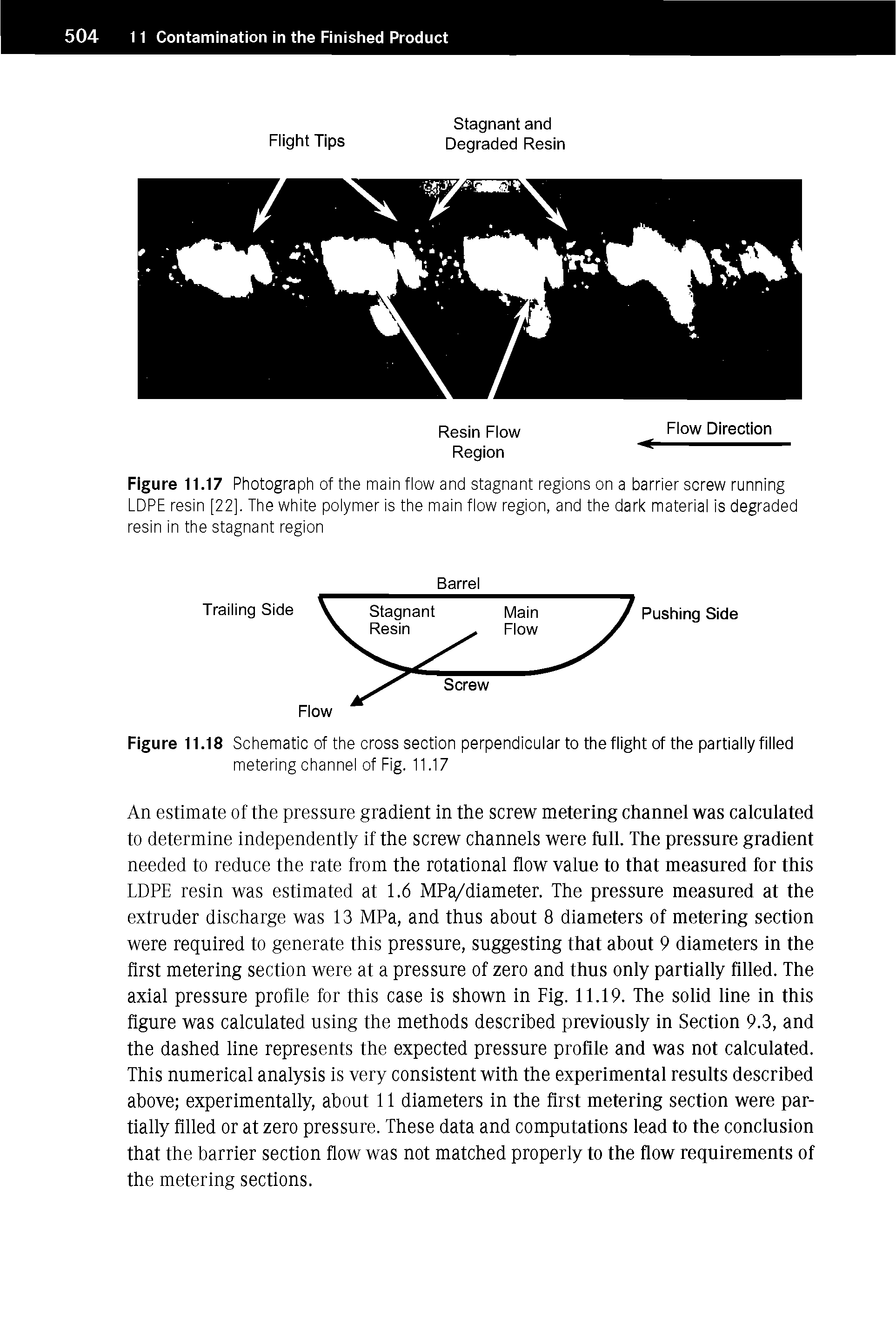 Figure 11.17 Photograph of the main flow and stagnant regions on a barrier screw running LDPE resin [22]. The white polymer is the main flow region, and the dark material is degraded resin in the stagnant region...