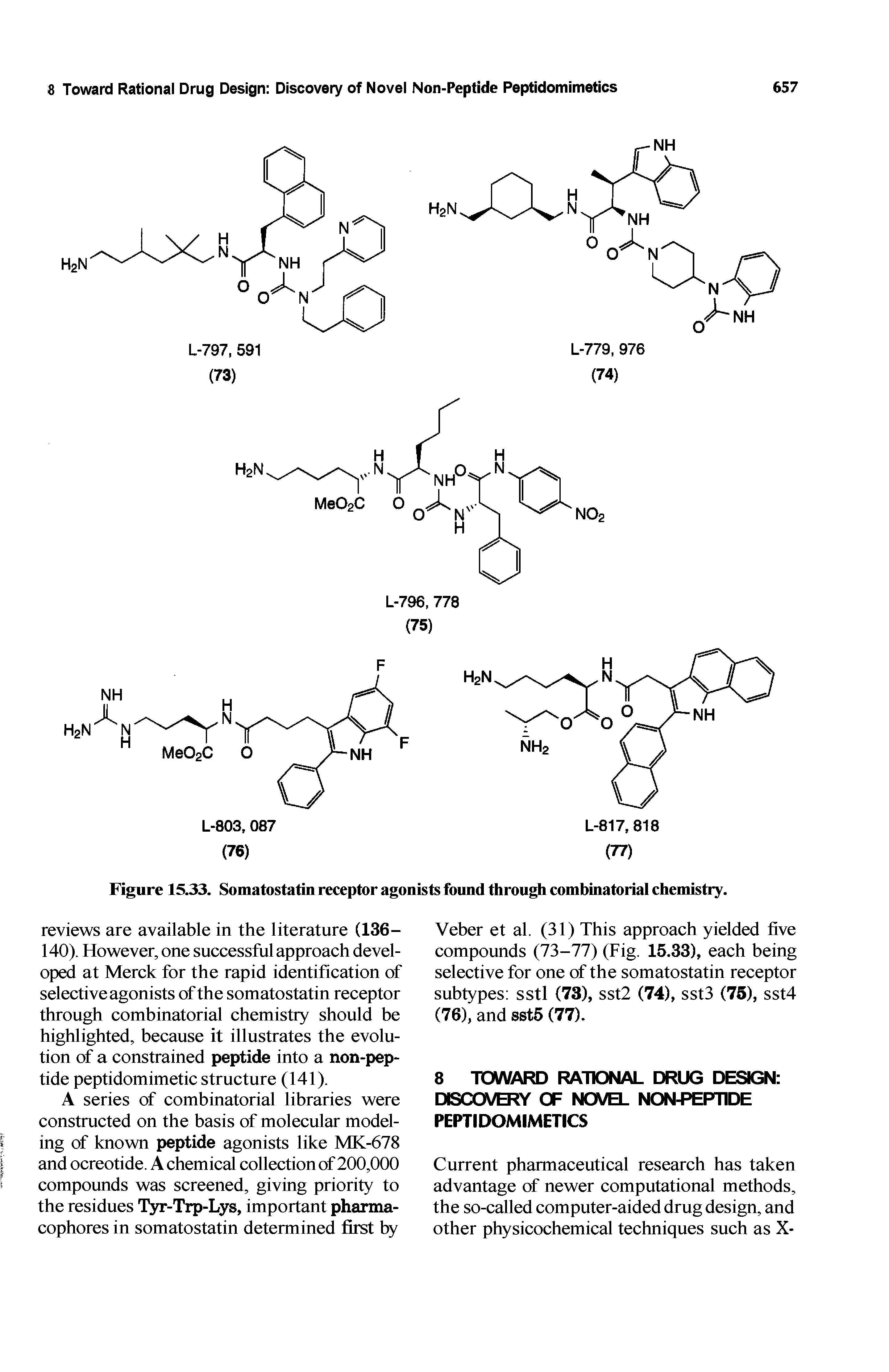 Figure 15.33. Somatostatin receptor agonists found through combinatorial chemistry.