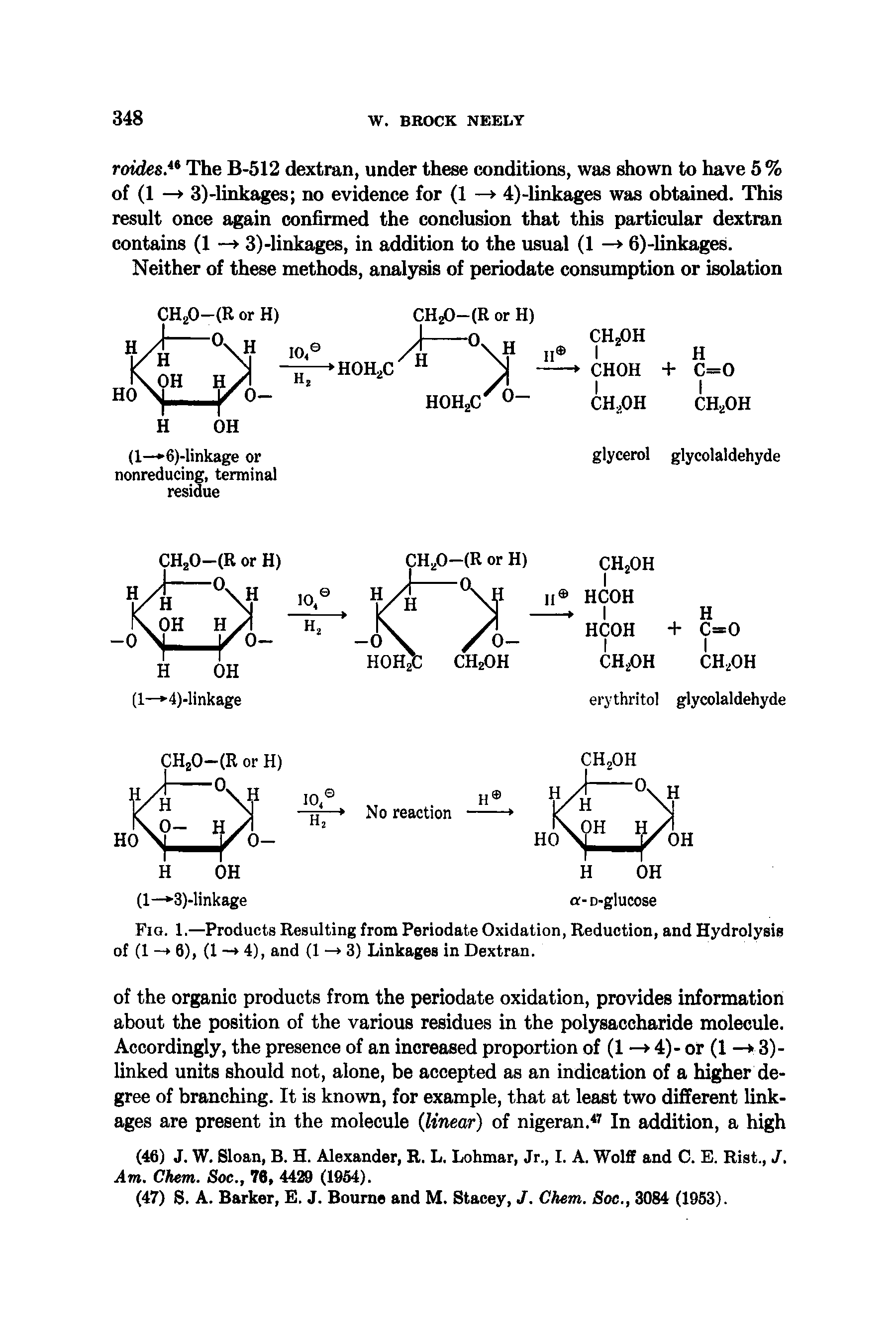 Fig. 1.—Products Resulting from Periodate Oxidation, Reduction, and Hydrolysis of (1 - 6), (1 - 4), and (1 — 3) Linkages in Dextran.