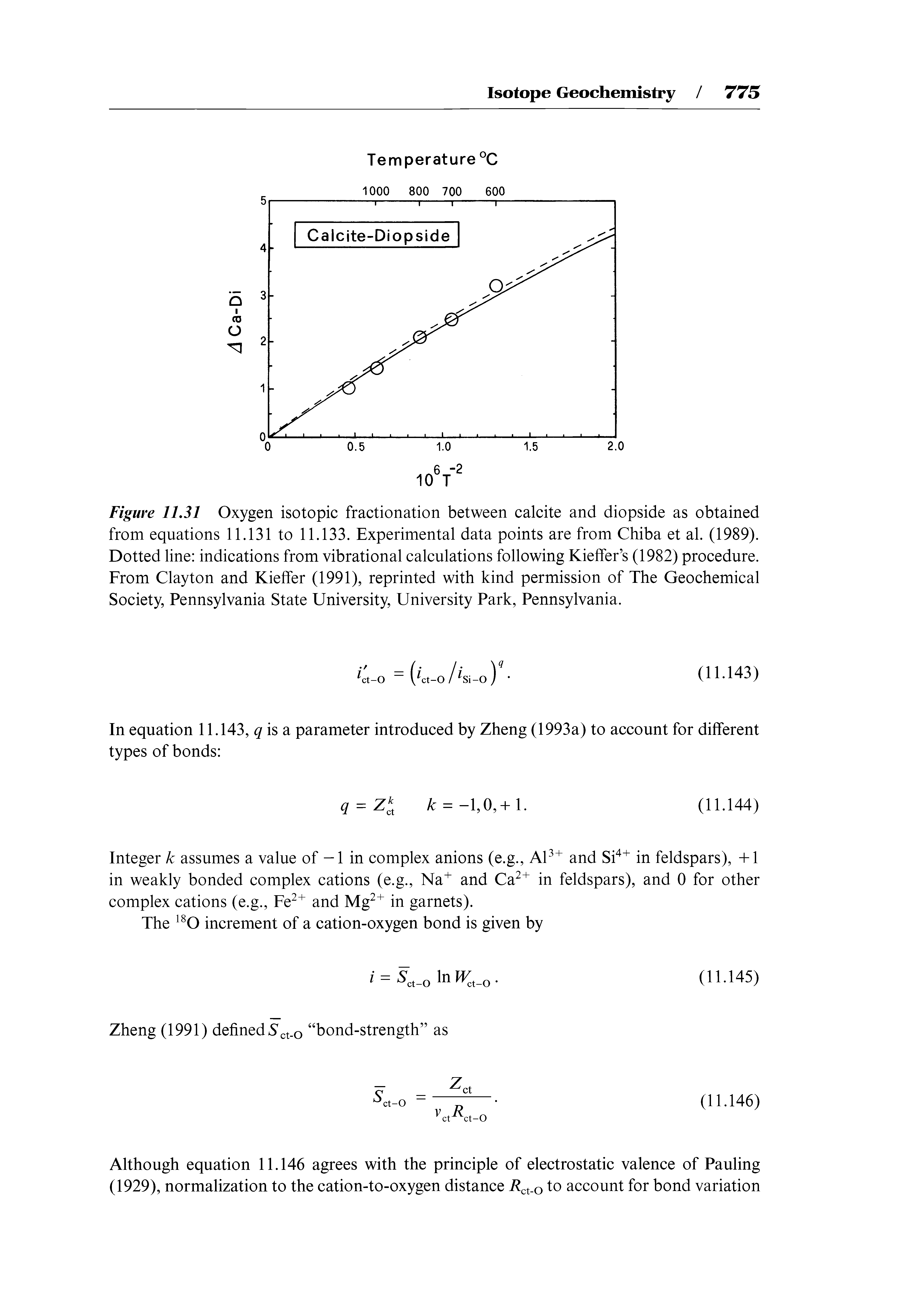 Figure 11,31 Oxygen isotopic fractionation between calcite and diopside as obtained from equations 11.131 to 11.133. Experimental data points are from Chiba et al. (1989). Dotted line indications from vibrational calculations following Kielfer s (1982) procedure. From Clayton and Kielfer (1991), reprinted with kind permission of The Geochemical Society, Pennsylvania State University, University Park, Pennsylvania.