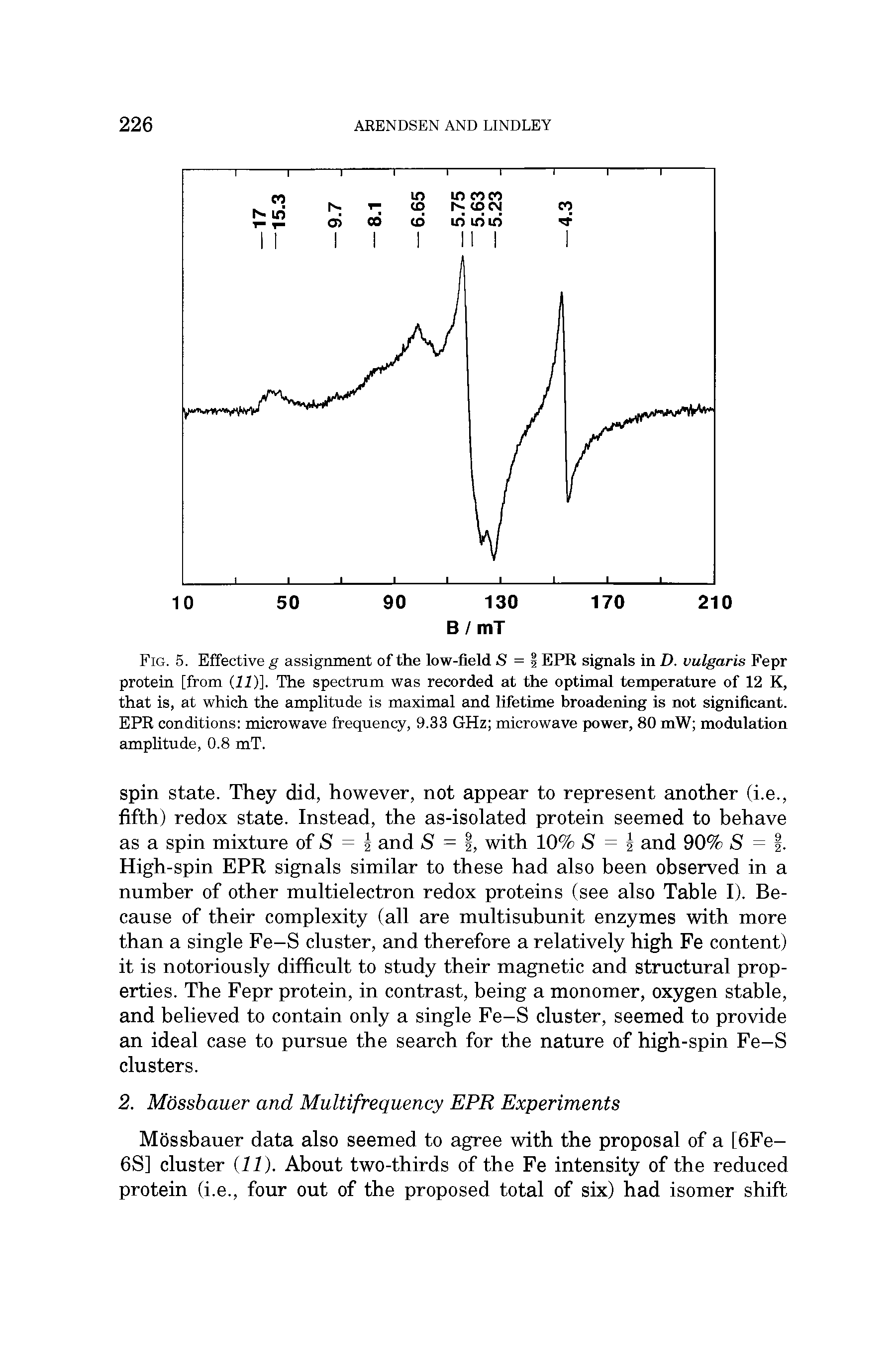 Fig. 5. Effective g assignment of the low-field S = IEPR signals in D. vulgaris Fepr protein [from 11)]. The spectrum was recorded at the optimEd temperature of 12 K, that is, at which the amplitude is maximal and lifetime broadening is not significEmt. EPR conditions microwave frequency, 9.33 GHz microwave power, 80 mW modulation amplitude, 0.8 mT.