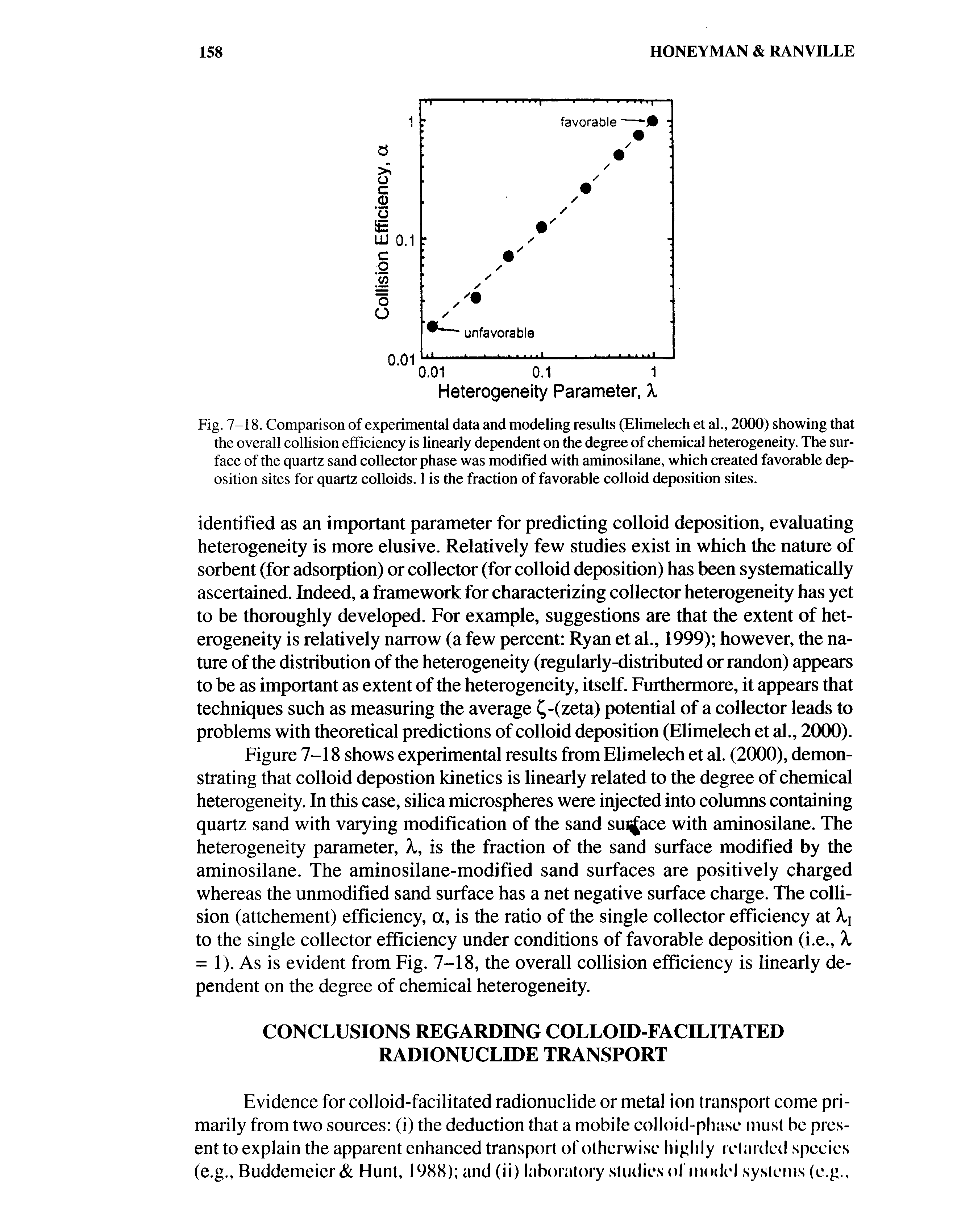 Fig. 7-18. Comparison of experimental data and modeling results (Elimelech et al., 2000) showing that the overall collision efficiency is linearly dependent on the degree of chemical heterogeneity. The surface of the quartz sand collector phase was modified with aminosilane, which created favorable deposition sites for quartz colloids. 1 is the fraction of favorable colloid deposition sites.