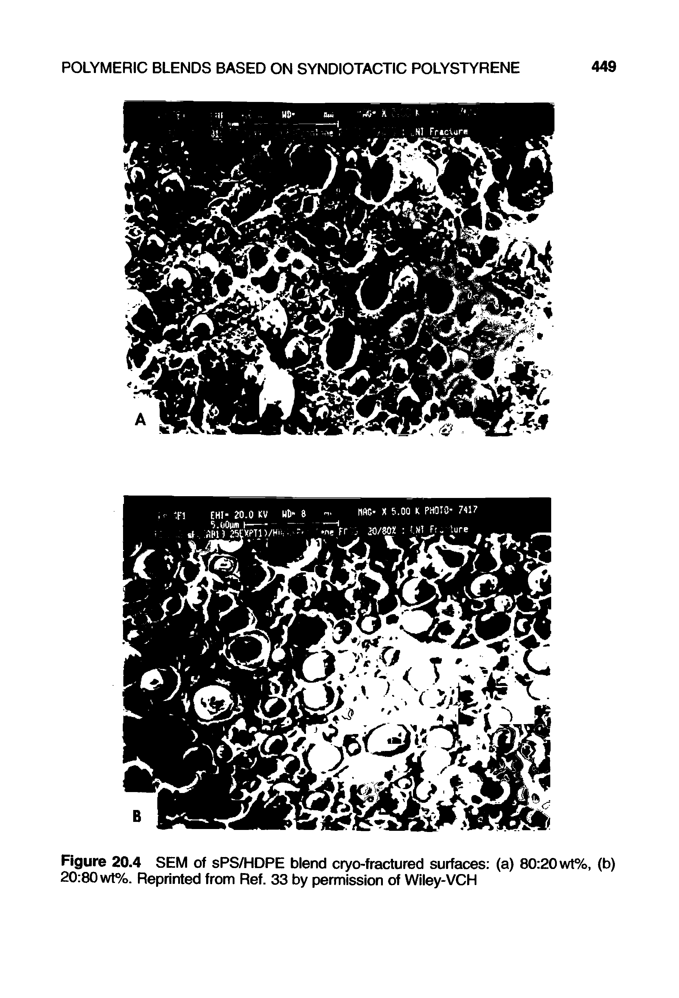 Figure 20.4 SEM of sPS/HDPE blend cryo-fractured surfaces (a) 80 20 wt%, (b) 20 80 wt%. Reprinted from Ref. 33 by permission of Wiley-VCH...