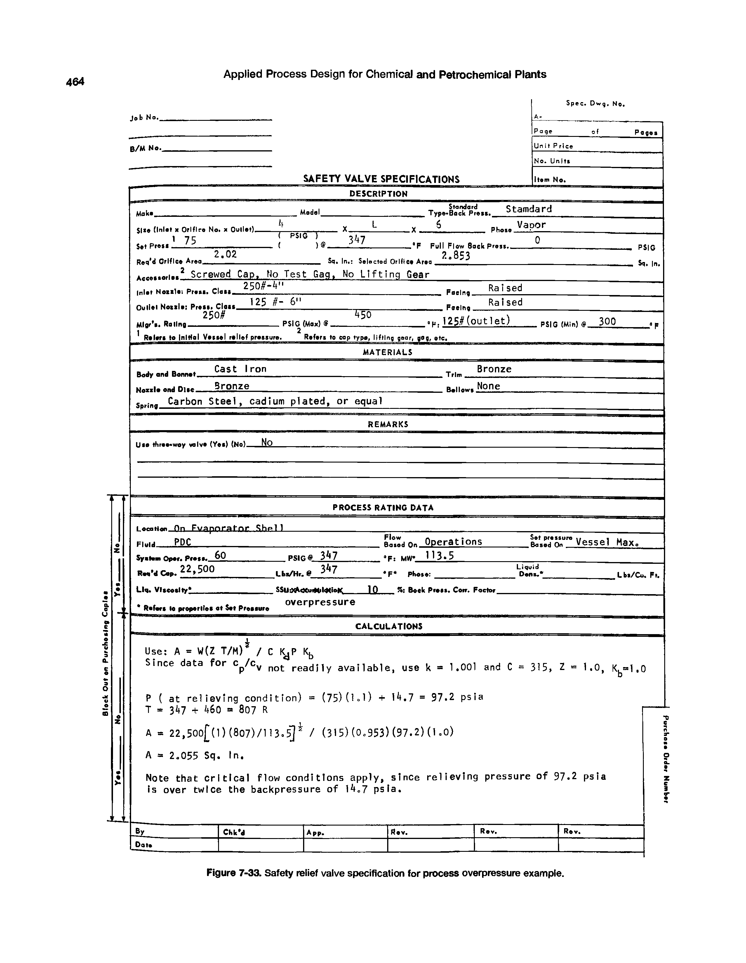 Figure 7-33. Safety relief valve specification for process overpressure example.