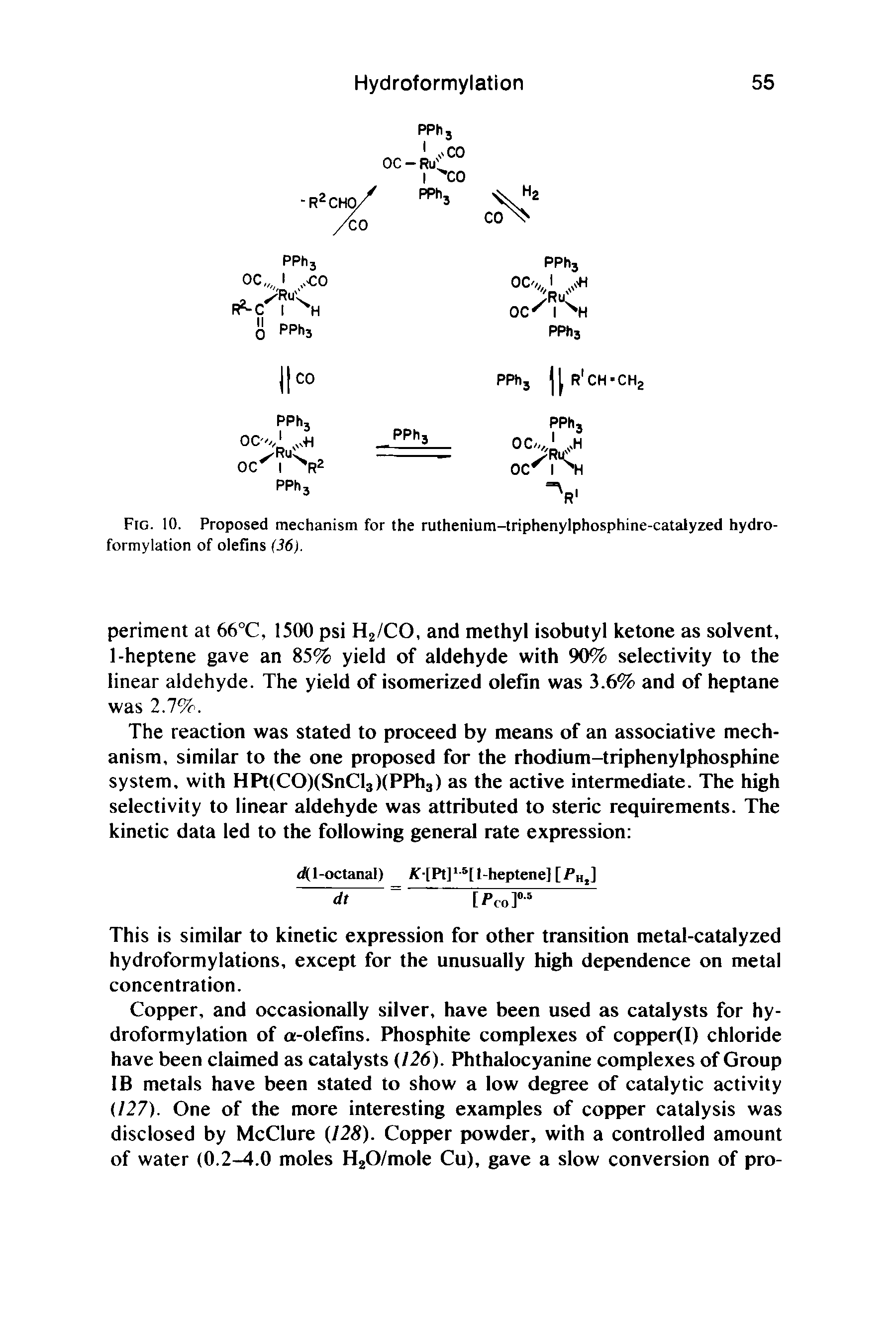 Fig. 10. Proposed mechanism for the ruthenium-triphenylphosphine-catalyzed hydroformylation of olefins (36).