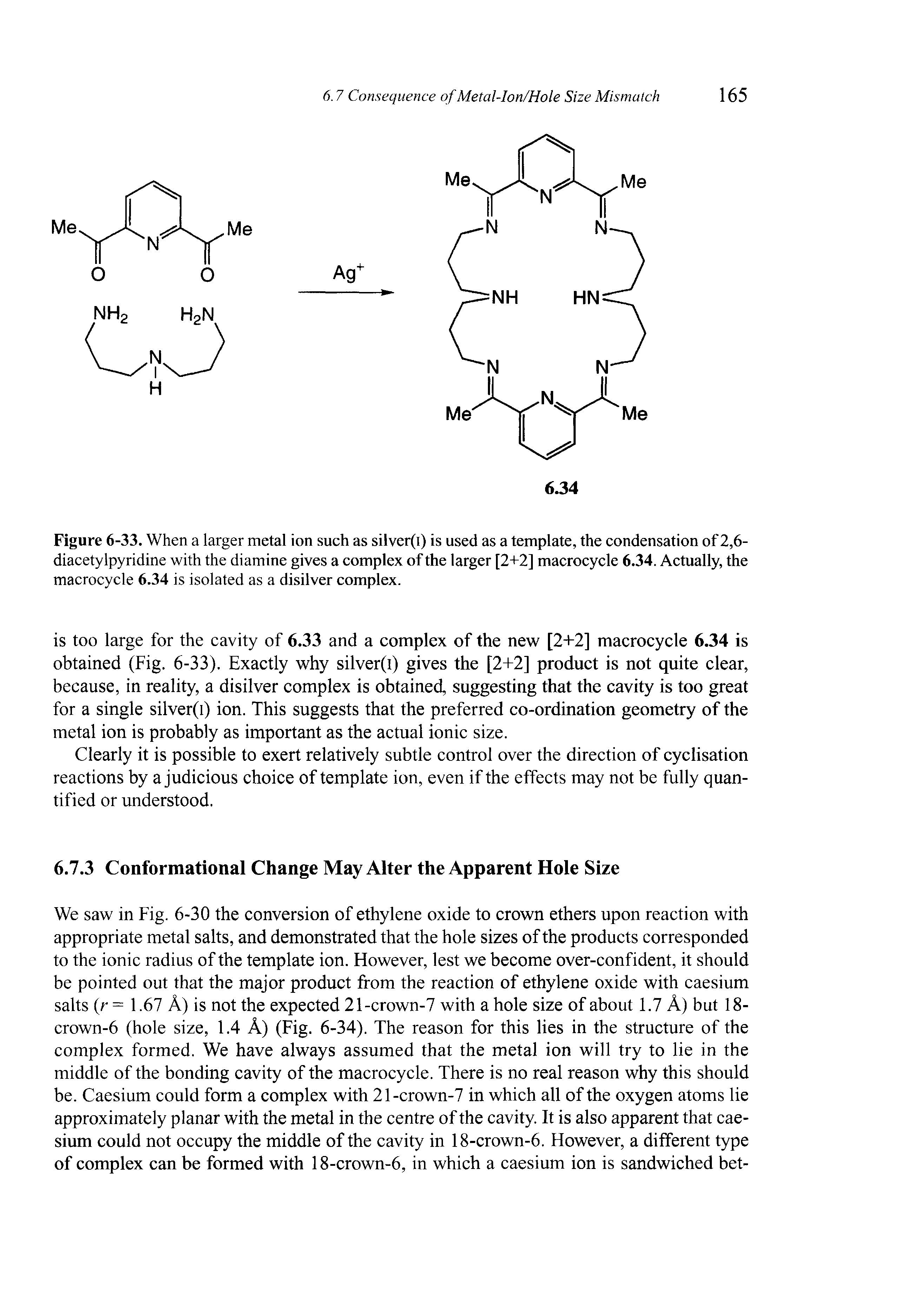 Figure 6-33. When a larger metal ion such as silver(i) is used as a template, the condensation of 2,6-diacetylpyridine with the diamine gives a complex of the larger [2+2] macrocycle 6.34. Actually, the macrocycle 6.34 is isolated as a disilver complex.