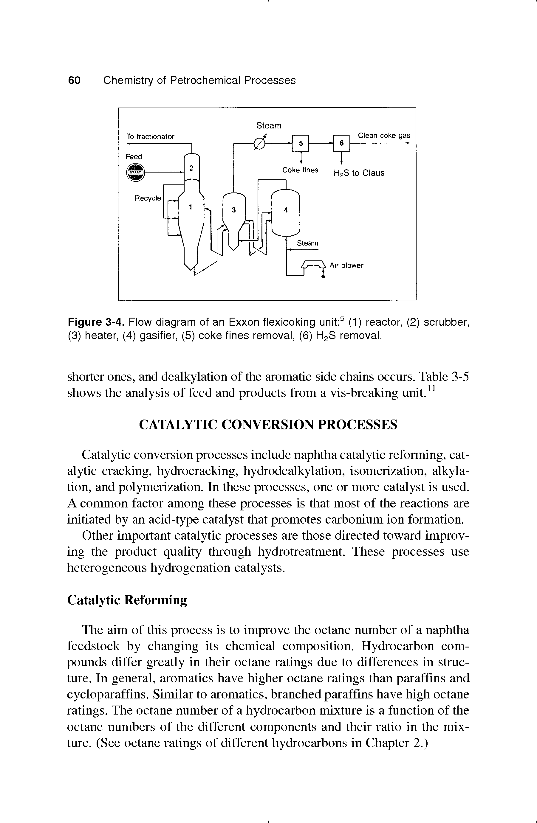 Figure 3-4. Flow diagram of an Exxon flexicoking unit (1) reactor, (2) scrubber, (3) heater, (4) gasifier, (5) coke fines removal, (6) HgS removal.