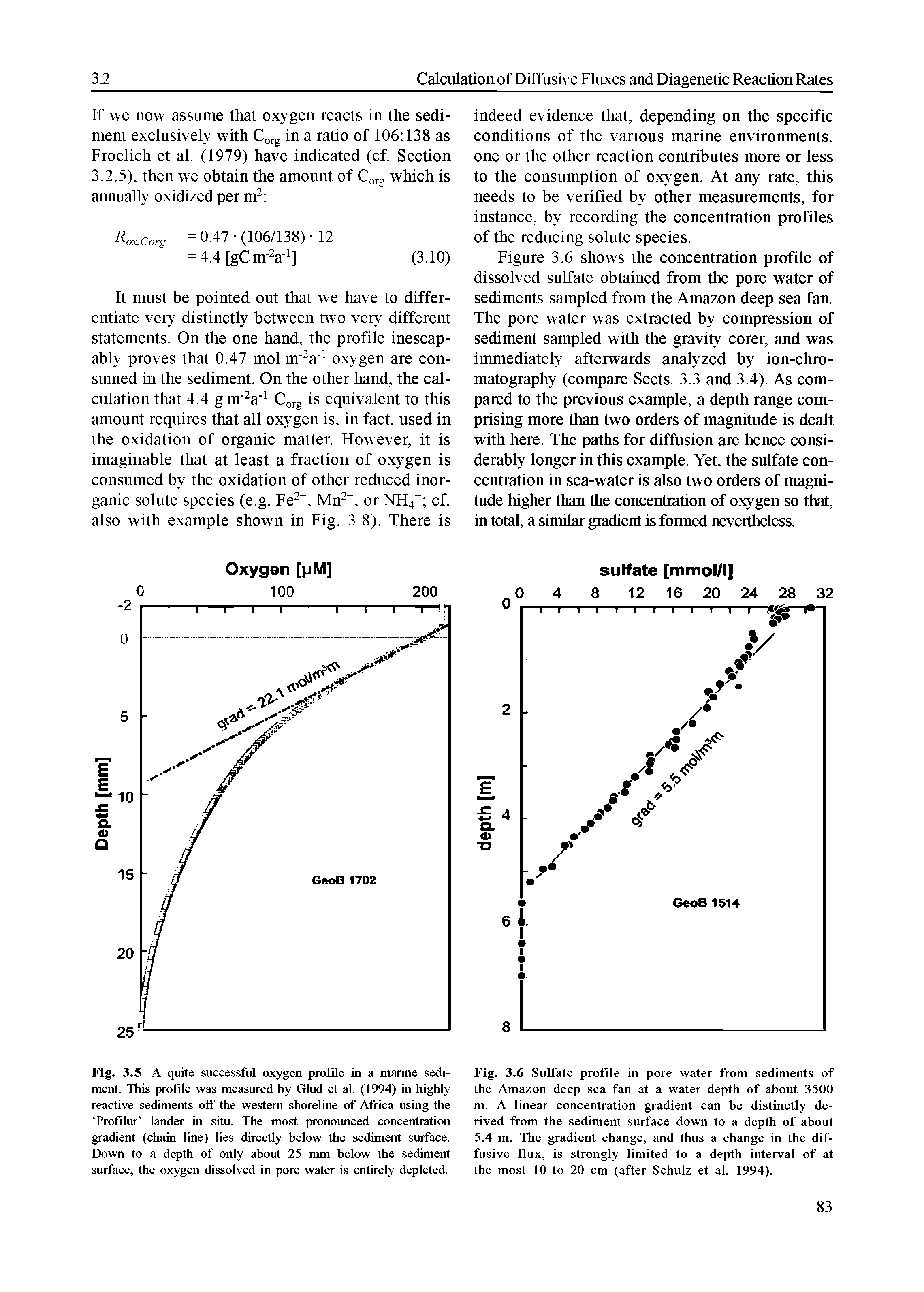 Fig. 3.5 A quite successful oxygen profile in a marine sediment. This profile was measured by Glud et al. (1994) in highly reactive sediments off the western shoreline of Africa using the Profilur lander in situ. The most pronounced concentration gradient (chain line) lies directly below the sediment surface. Down to a depth of only about 25 mm below the sediment surface, the oxygen dissolved in pore water is entirely depleted.