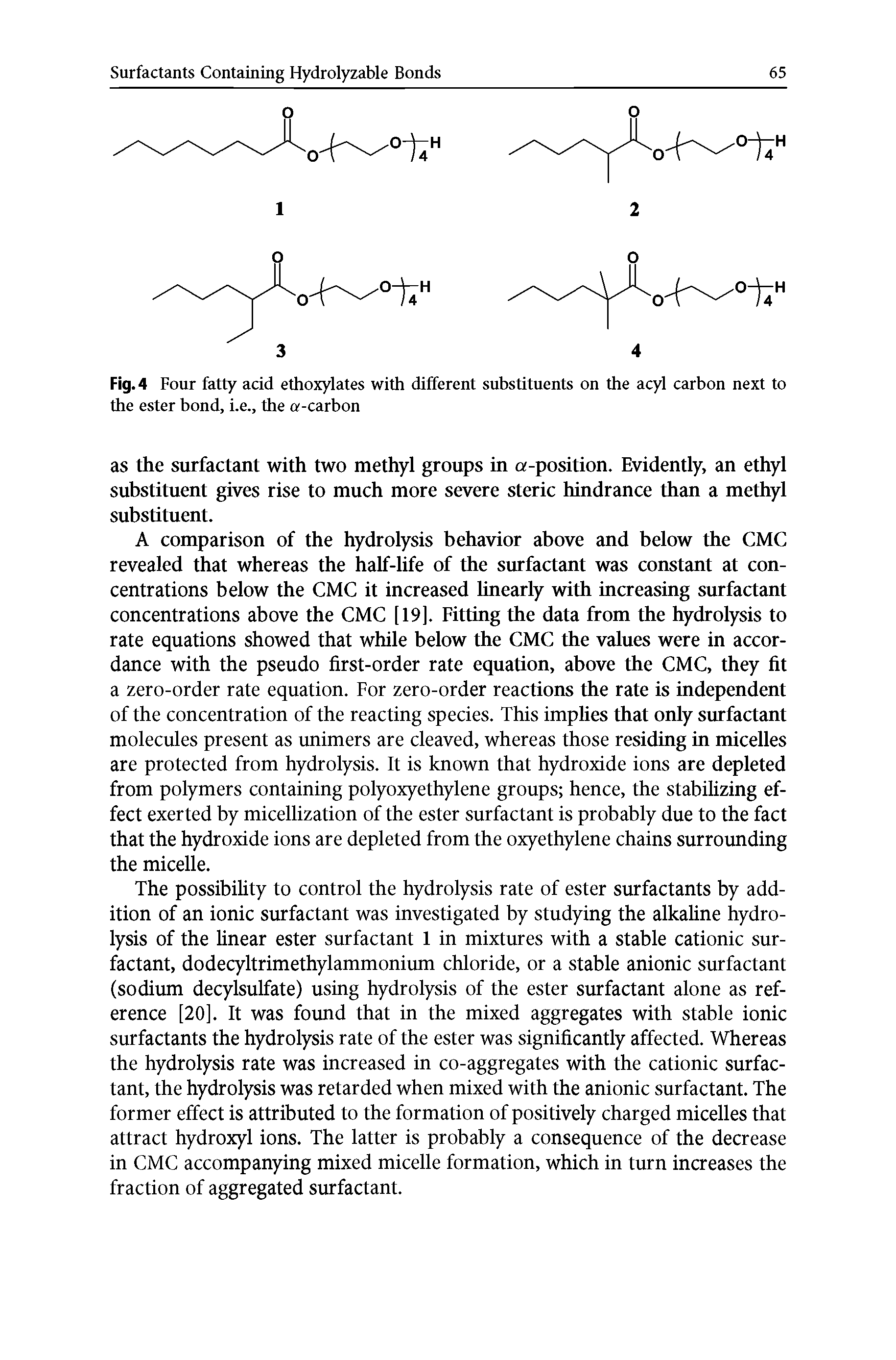 Fig. 4 Four fatty acid ethoxylates with different substituents on the acyl carbon next to the ester bond, i.e., the a-carbon...