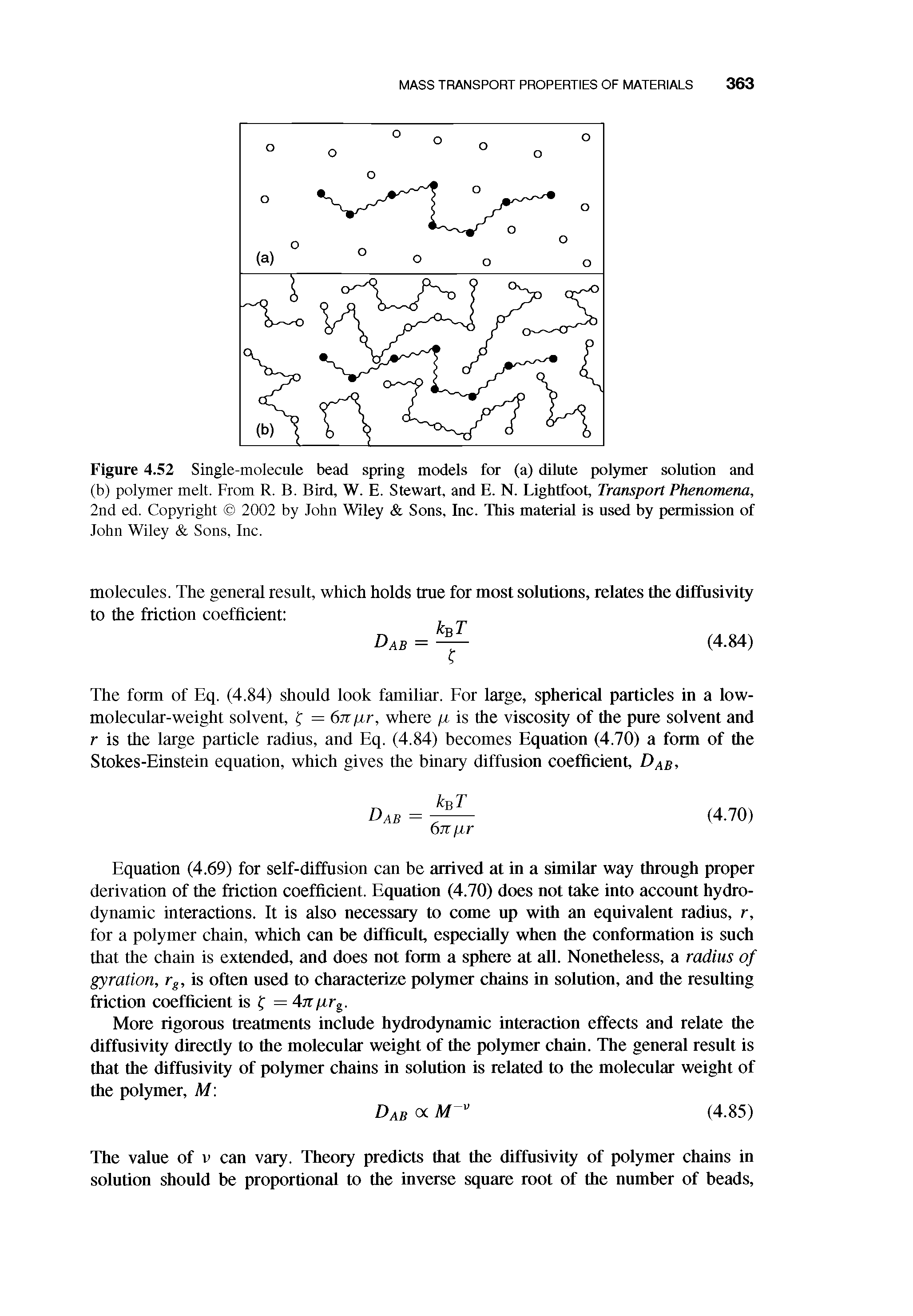 Figure 4.52 Single-molecule bead spring models for (a) dilute polymer solution and (b) polymer melt. From R. B. Bird, W. E. Stewart, and E. N. Lightfoot, Transport Phenomena, 2nd ed. Copyright 2002 by John Wiley Sons, Inc. This material is used by permission of John Wiley Sons, Inc.