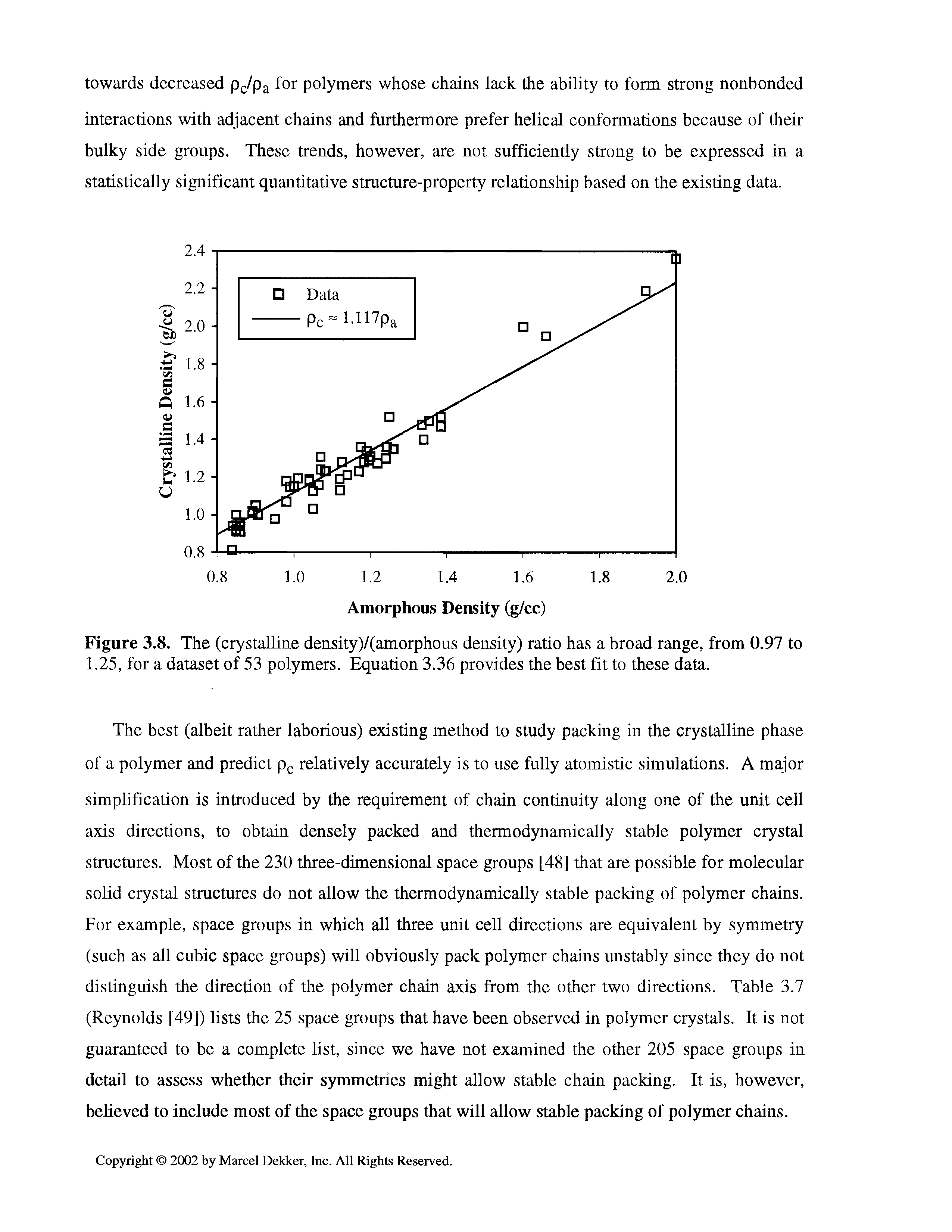 Figure 3.8. The (crystalline density)/(amorphous density) ratio has a broad range, from 0.97 to 1.25, for a dataset of 53 polymers. Equation 3.36 provides the best fit to these data.