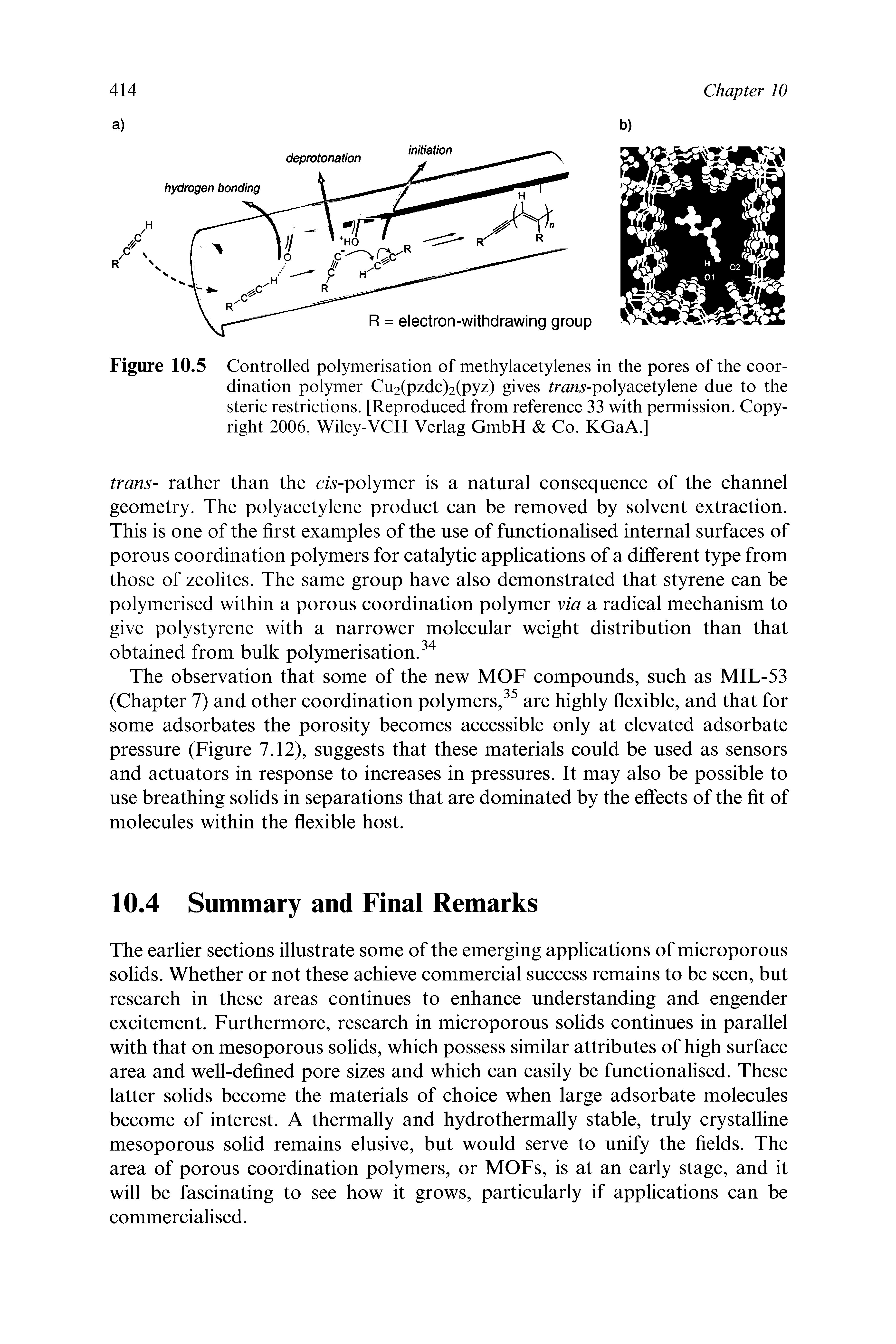 Figure 10.5 Controlled polymerisation of methylacetylenes in the pores of the coordination polymer Cu2(pzdc)2(pyz) gives r 5 -polyacetylene due to the steric restrictions. [Reproduced from reference 33 with permission. Copyright 2006, Wiley-VCH Verlag GmbH Co. KGaA.]...