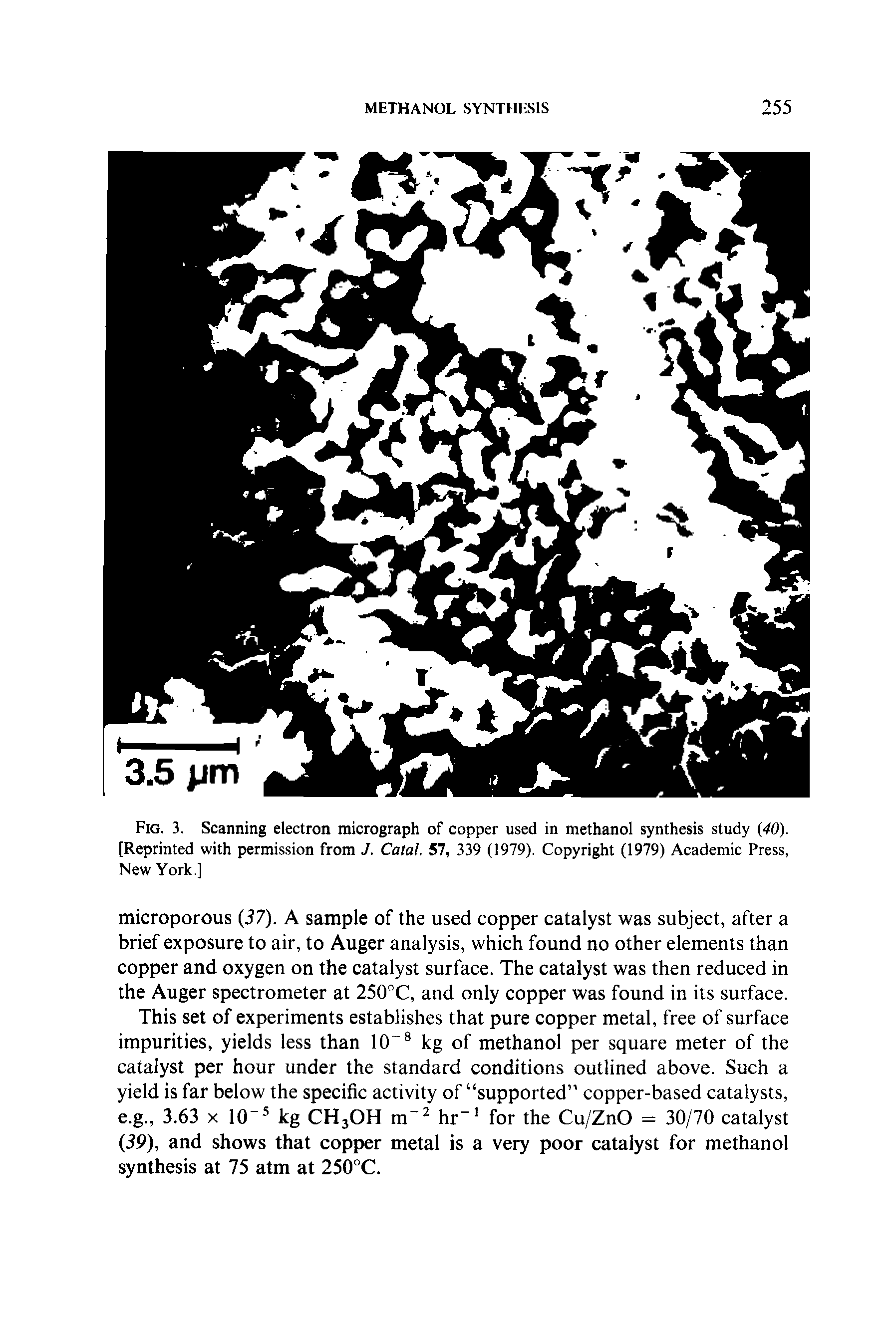 Fig. 3. Scanning electron micrograph of copper used in methanol synthesis study (40). [Reprinted with permission from J. Catal. 57, 339 (1979). Copyright (1979) Academic Press, New York.]...