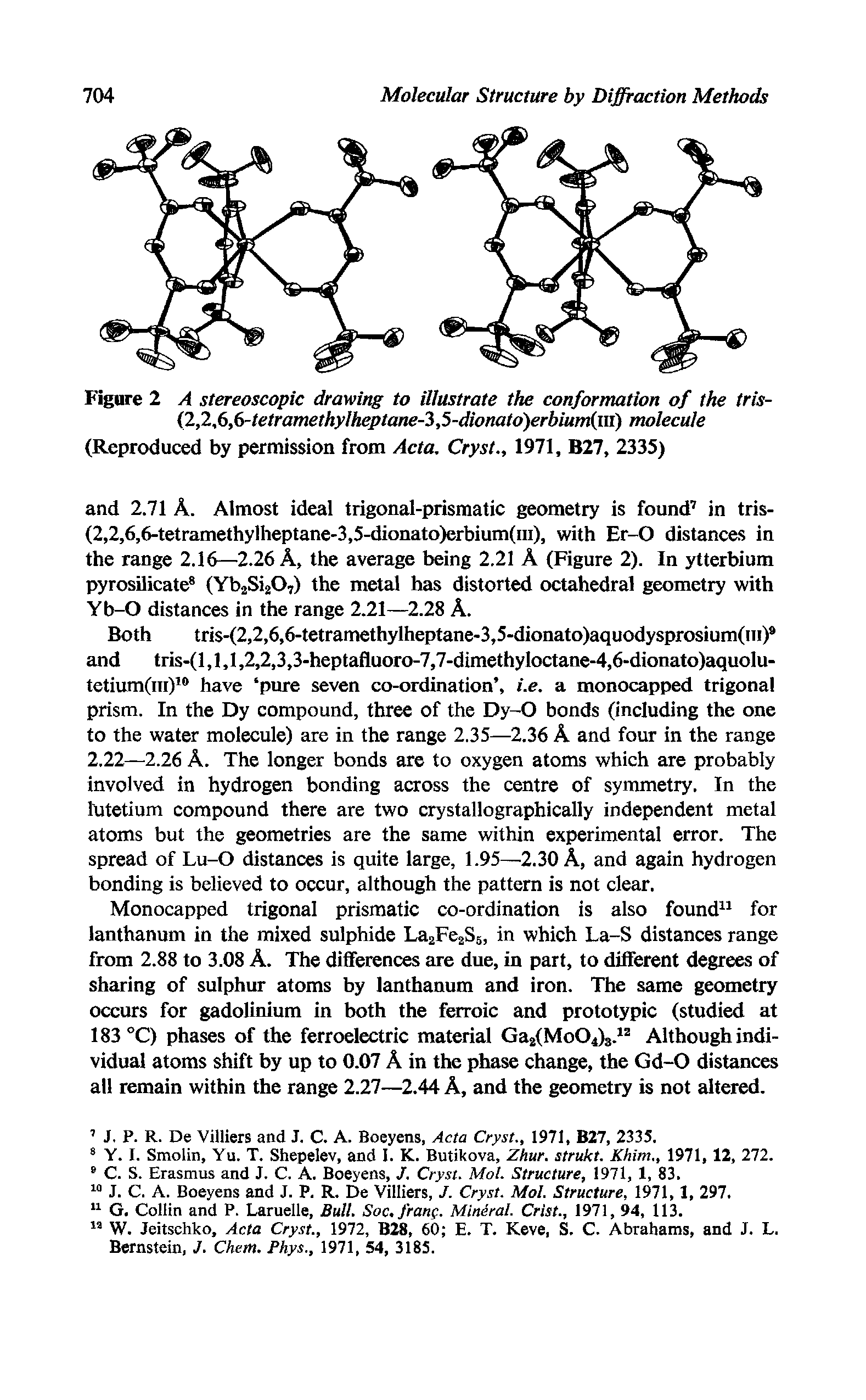 Figure 2 A stereoscopic drawing to illustrate the conformation of the tris-(2,2,6,6-tetramethylheptane-3,5-dionato )erbium(in) molecule (Reproduced by permission from Acta, Cryst., 1971, B27, 2335)...