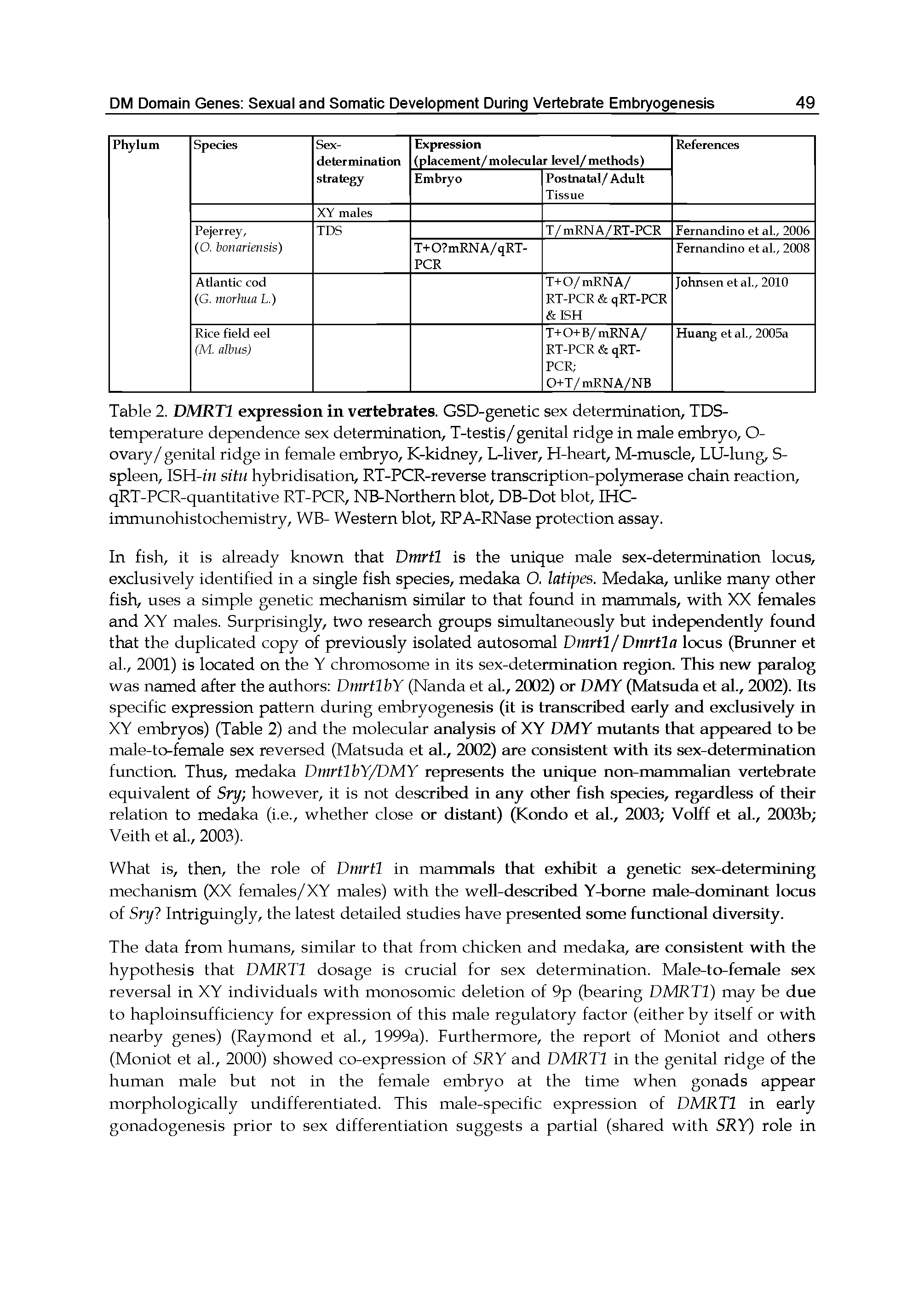 Table 2. DMRTl expression in vertebrates. GSD-genetic sex determination, TDS-temperature dependence sex determination, T-testis/genital ridge in male embryo, O-ovary/ genital ridge in female embryo, K-kidney, L-liver, H-heart, M-muscle, LU-lung, S-spleen, ISH-in situ hybridisation, RT-PCR-reverse transcription-polymerase chain reaction, qRT-PCR-quantitative RT-PCR, NB-Northern blot, DB-Dot blot, IHC-immunohistochemistry, WB- Western blot, RPA-RNase protection assay.