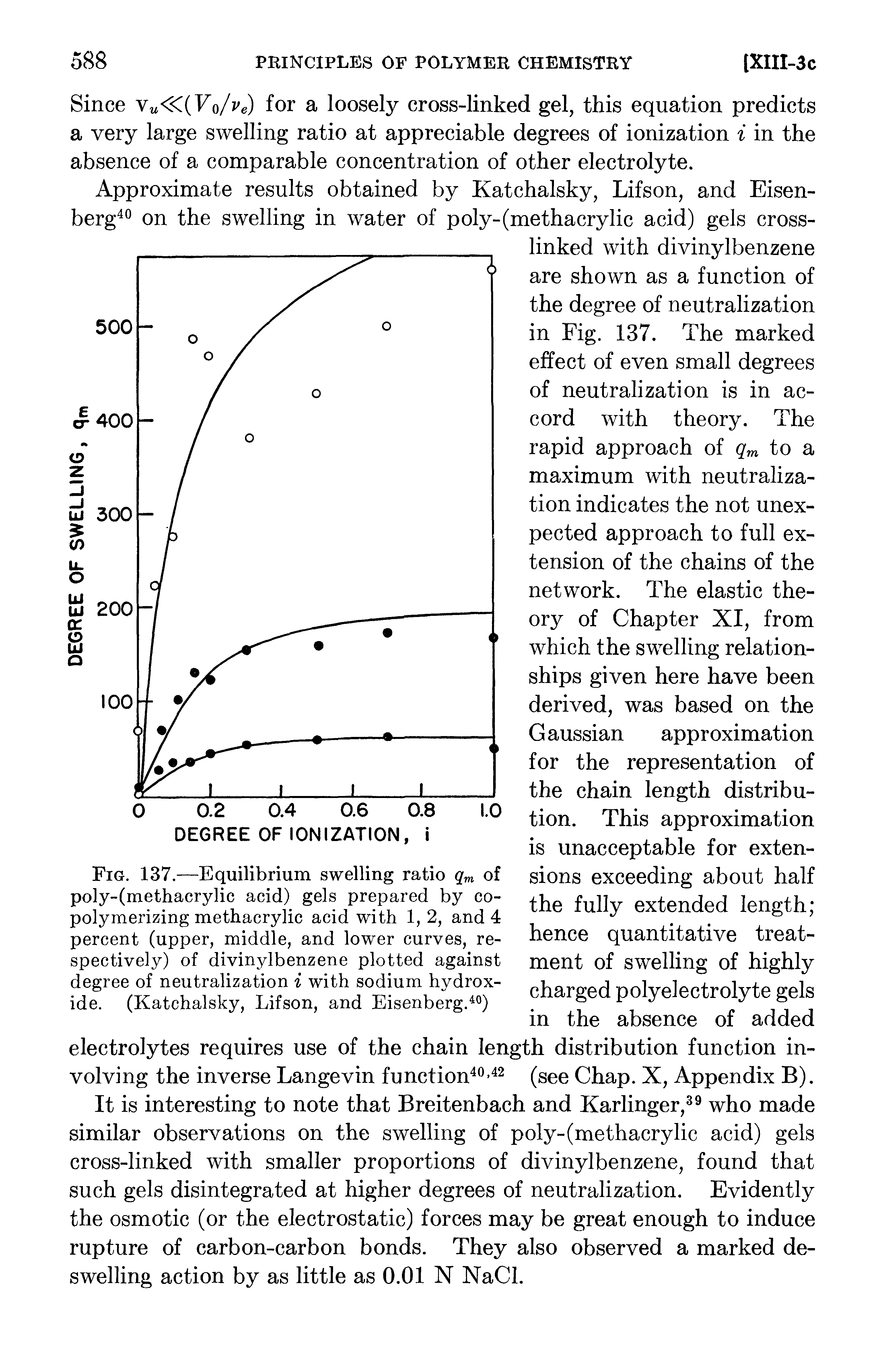 Fig. 137.—Equilibrium swelling ratio qm of poly-(methacrylic acid) gels prepared by copolymerizing methacrylic acid with 1, 2, and 4 percent (upper, middle, and lower curves, respectively) of divinylbenzene plotted against degree of neutralization i with sodium hydroxide. (Katchalsky, Lifson, and Eisenberg. )...