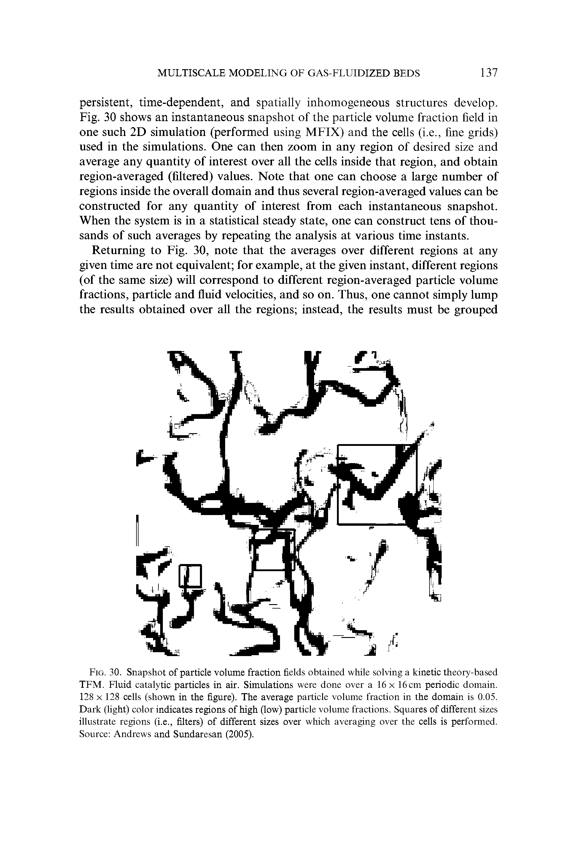 Fig. 30. Snapshot of particle volume fraction fields obtained while solving a kinetic theory-based TFM. Fluid catalytic particles in air. Simulations were done over a 16 x 16 cm periodic domain. 128 x 128 cells (shown in the figure). The average particle volume fraction in the domain is 0.05. Dark (light) color indicates regions of high (low) particle volume fractions. Squares of different sizes illustrate regions (i.e., filters) of different sizes over which averaging over the cells is performed. Source Andrews and Sundaresan (2005).