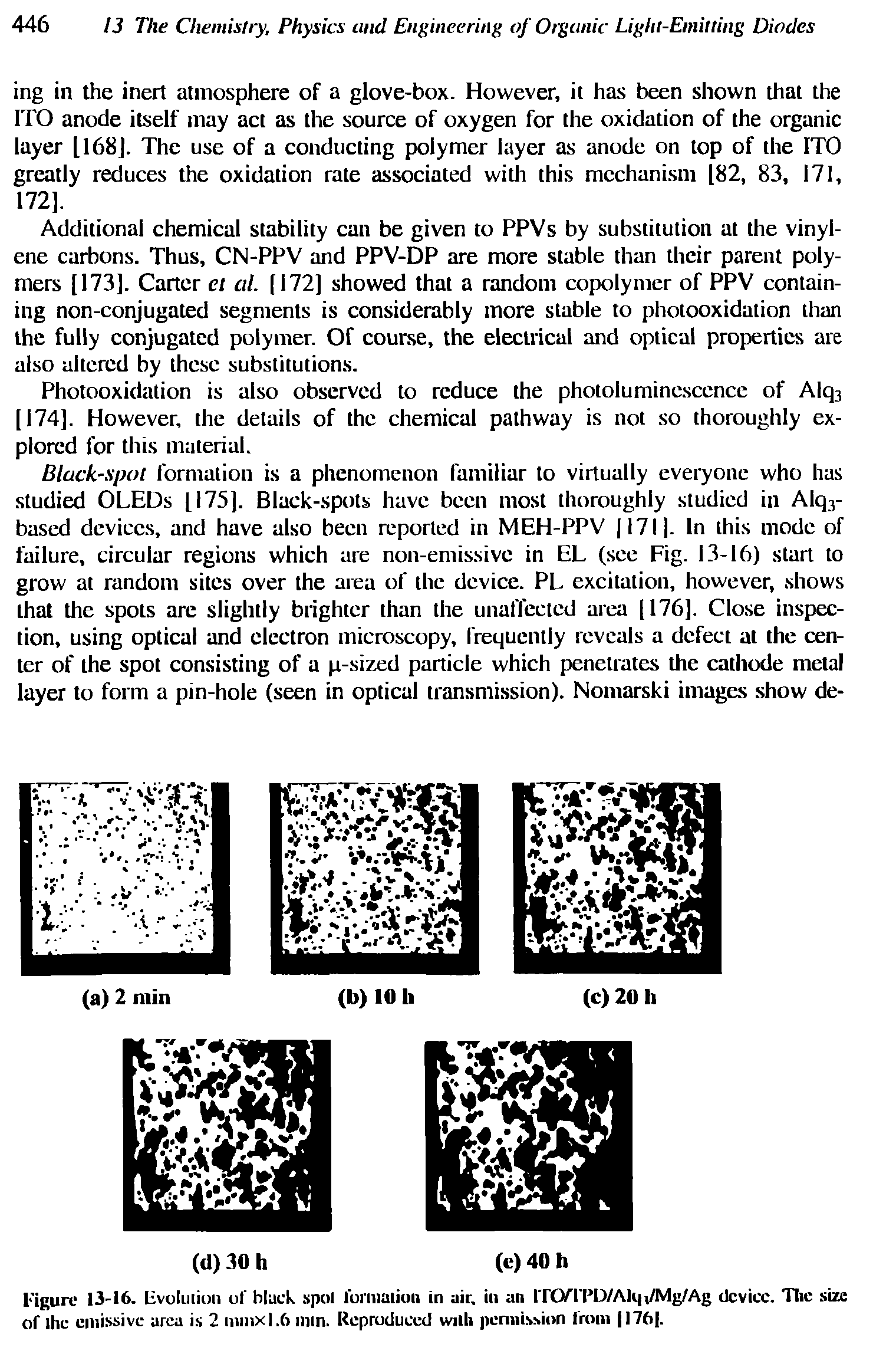 Figure 13-16. Fvoluiion of black spot formation in air. ill an ITO/TI D/Ak i/Mg/Ag device. The size of the emissive area is 2 minx 1.6 nun. Reproduced with permission Irom I76. ...