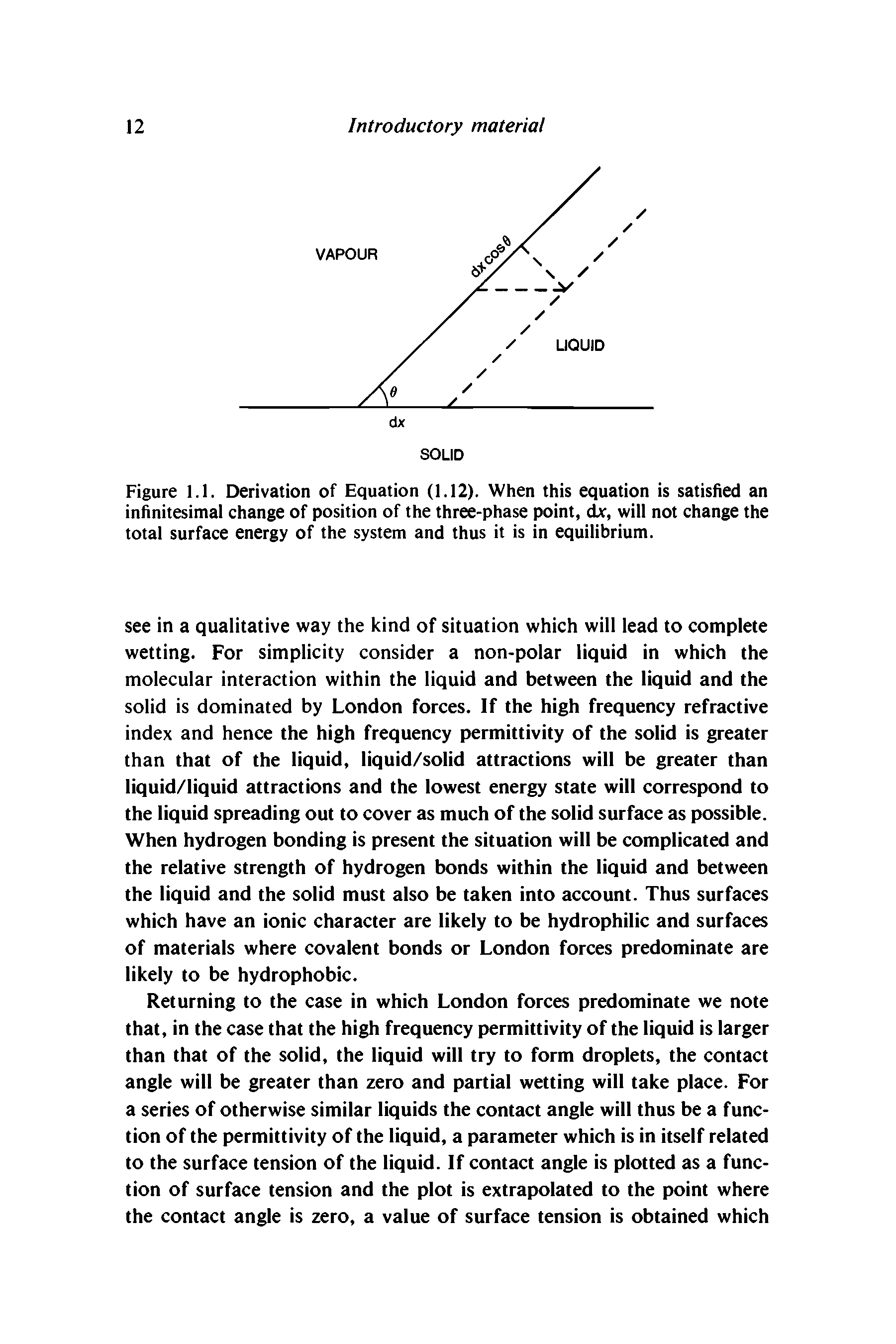 Figure 1.1. Derivation of Equation (1.12). When this equation is satisfied an infinitesimal change of position of the three-phase point, dx, will not change the total surface energy of the system and thus it is in equilibrium.