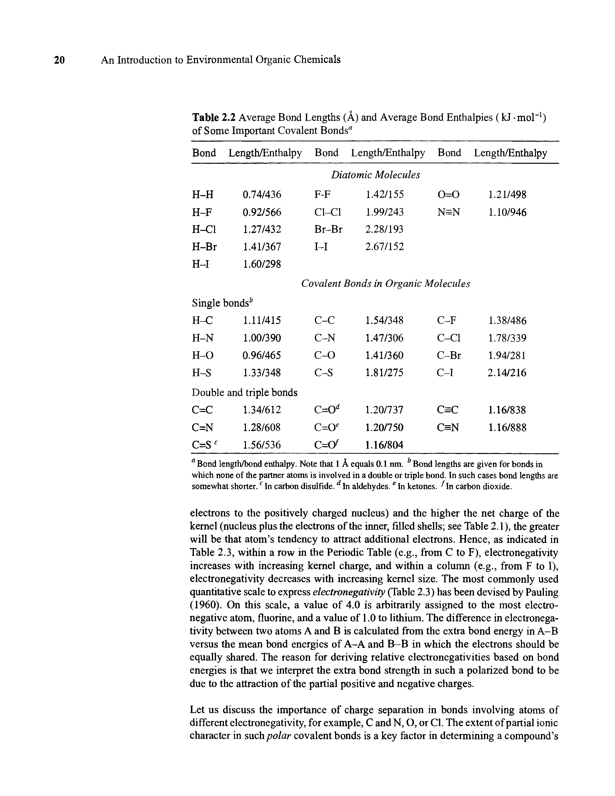 Table 2.2 Average Bond Lengths (A) and Average Bond Enthalpies (kJ mol 1) of Some Important Covalent Bonds"...