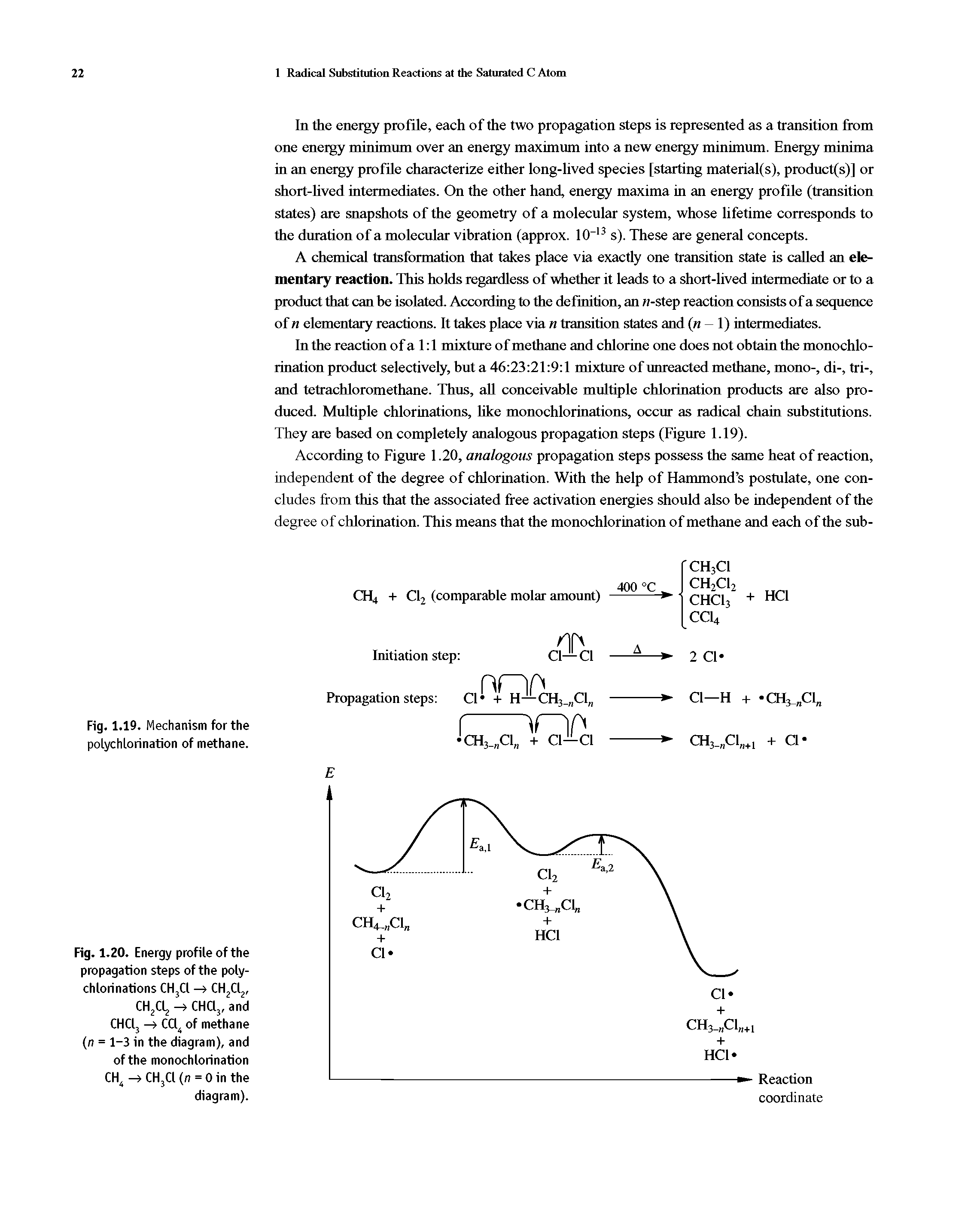 Fig. 1.20. Energy profile of the propagation steps of the poly-chlorinations CH3Cl - CH2Cl2, CH2Cl, -> CHCl3, and CHCl3 - CCl4 of methane (n = 1-3 in the diagram), and of the monochlorination CH4 -> CHjCl (n = 0 in the diagram).