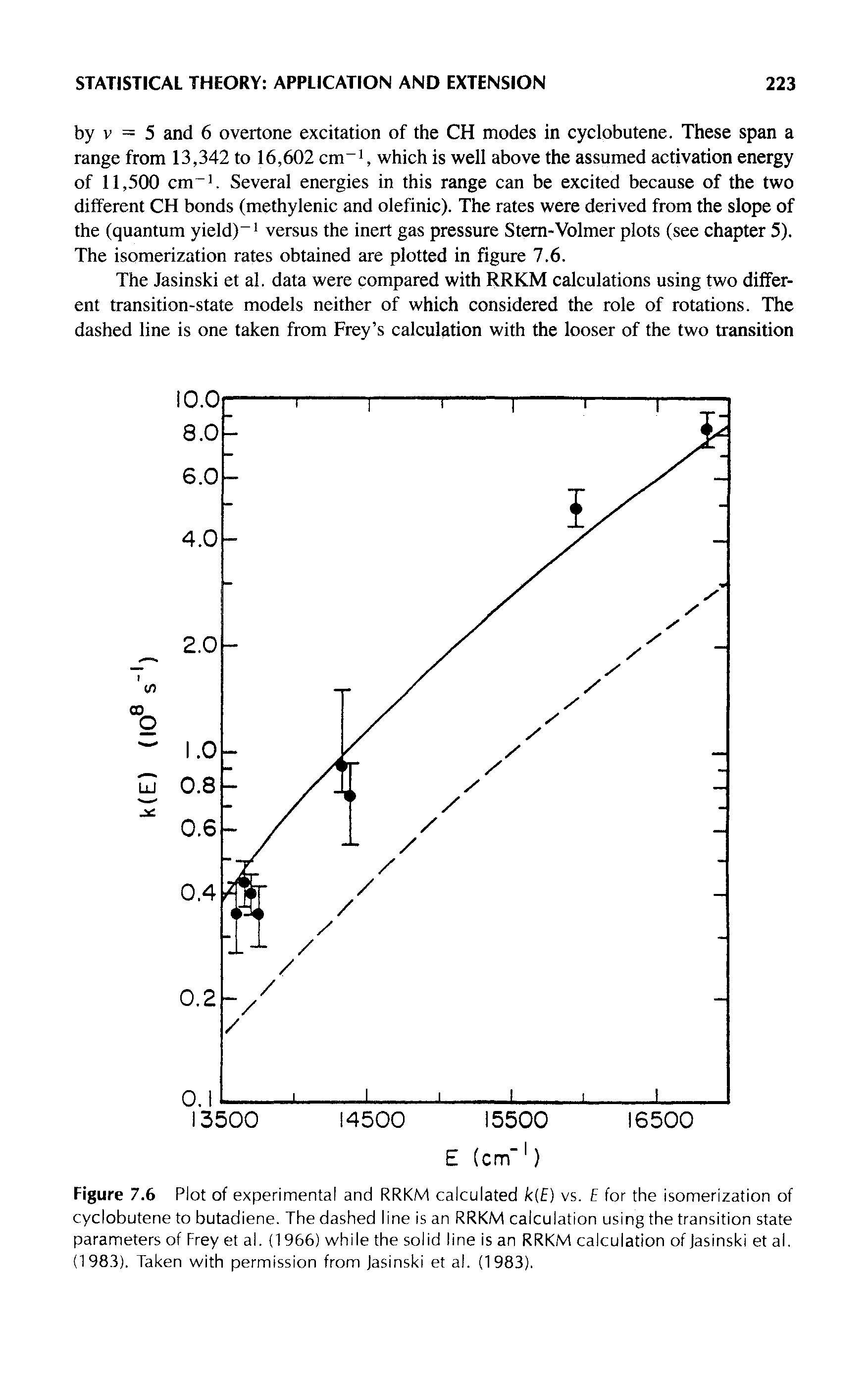 Figure 7.6 Plot of experimental and RRKM calculated k(E) vs. E for the isomerization of cyclobutene to butadiene. The dashed line is an RRKM calculation using the transition state parameters of Frey et al. (1966) while the solid line is an RRKM calculation of Jasinski et al, (1983). Taken with permission from jasinski et al. (1983).