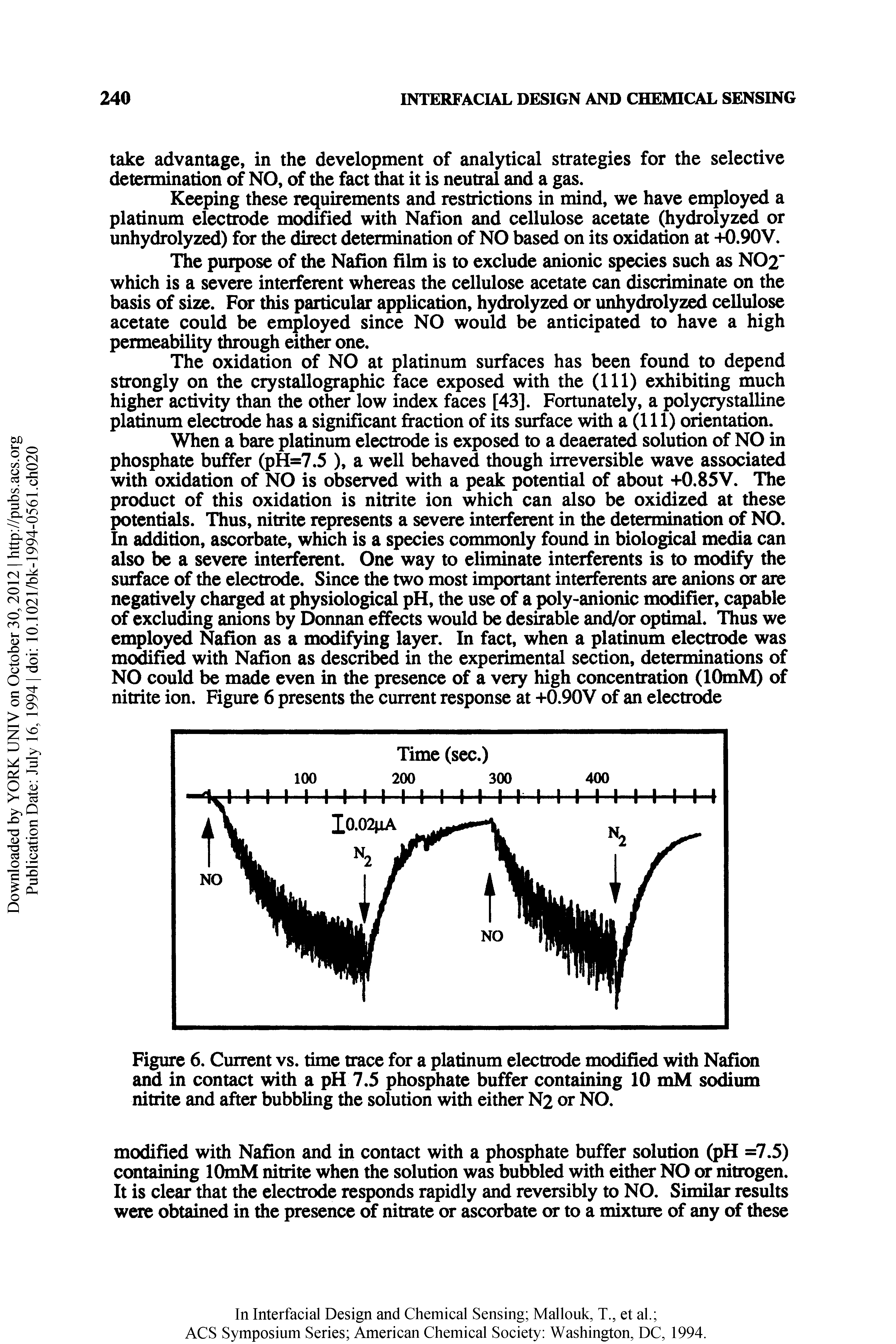 Figure 6. Current vs. time trace for a platinum electrode modified with Nafion and in contact with a pH 7.5 phosphate buffer containing 10 mM so um nitrite and after bubbling the solution with either N2 or NO.