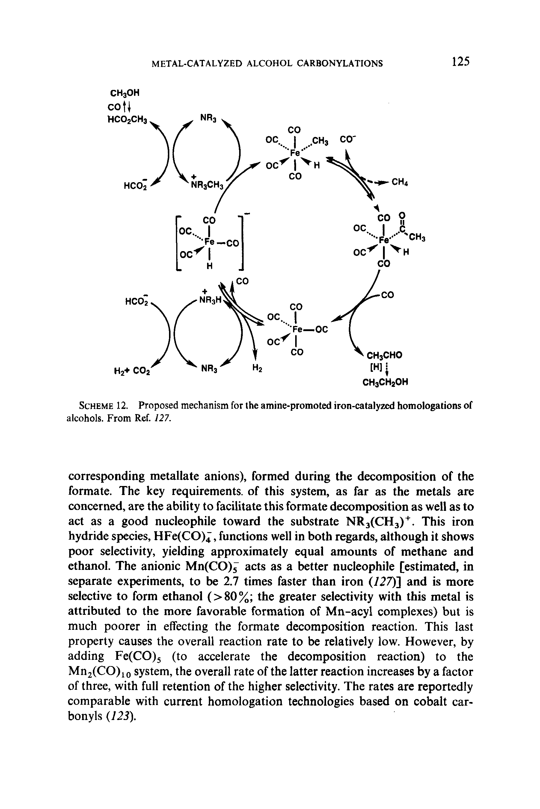 Scheme 12. Proposed mechanism for the amine-promoted iron-catalyzed homologations of alcohols. From Ref. 127.