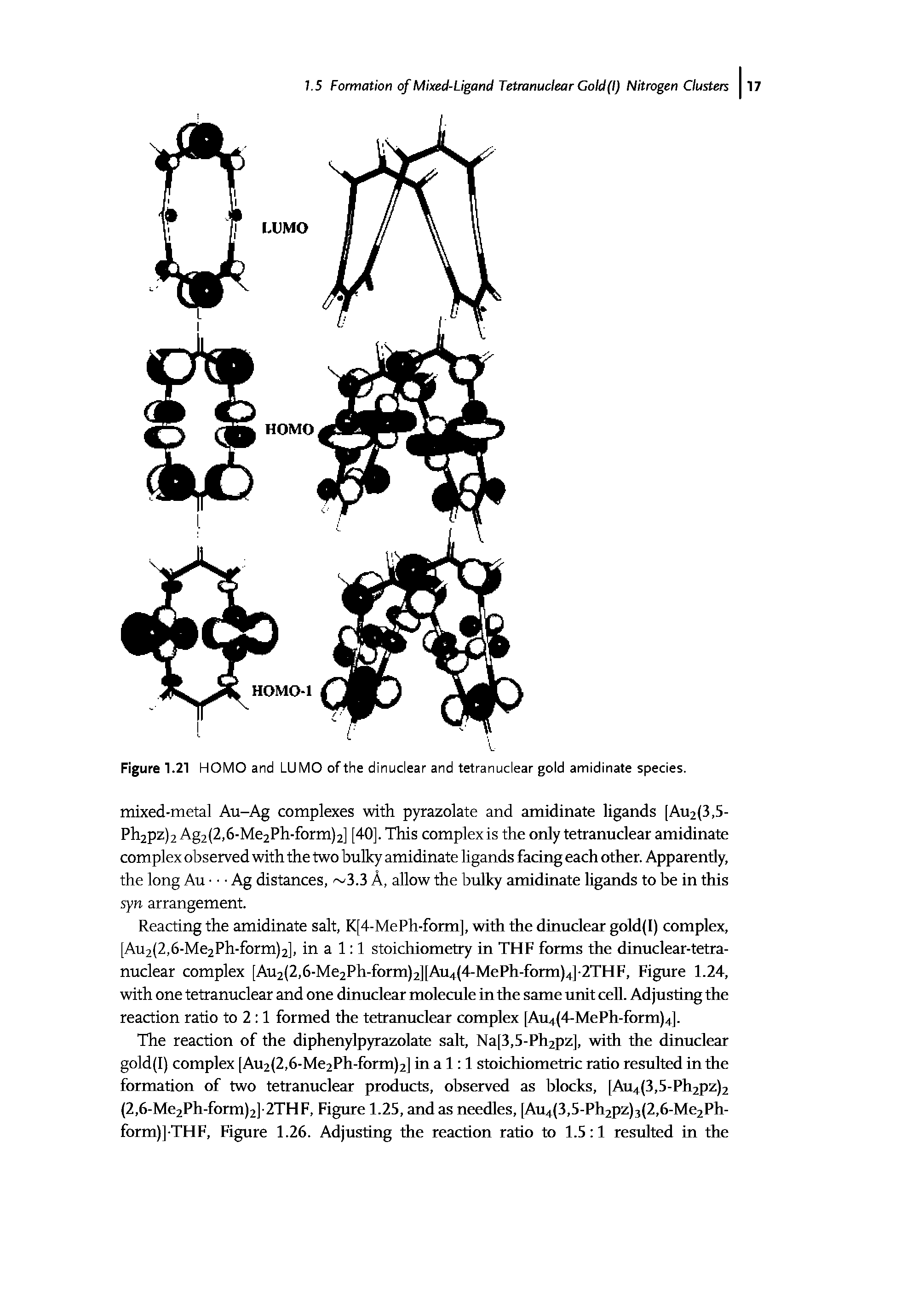 Figure 1.21 HOMO and LUMO of the dinuclear and tetranuclear gold amidinate species.