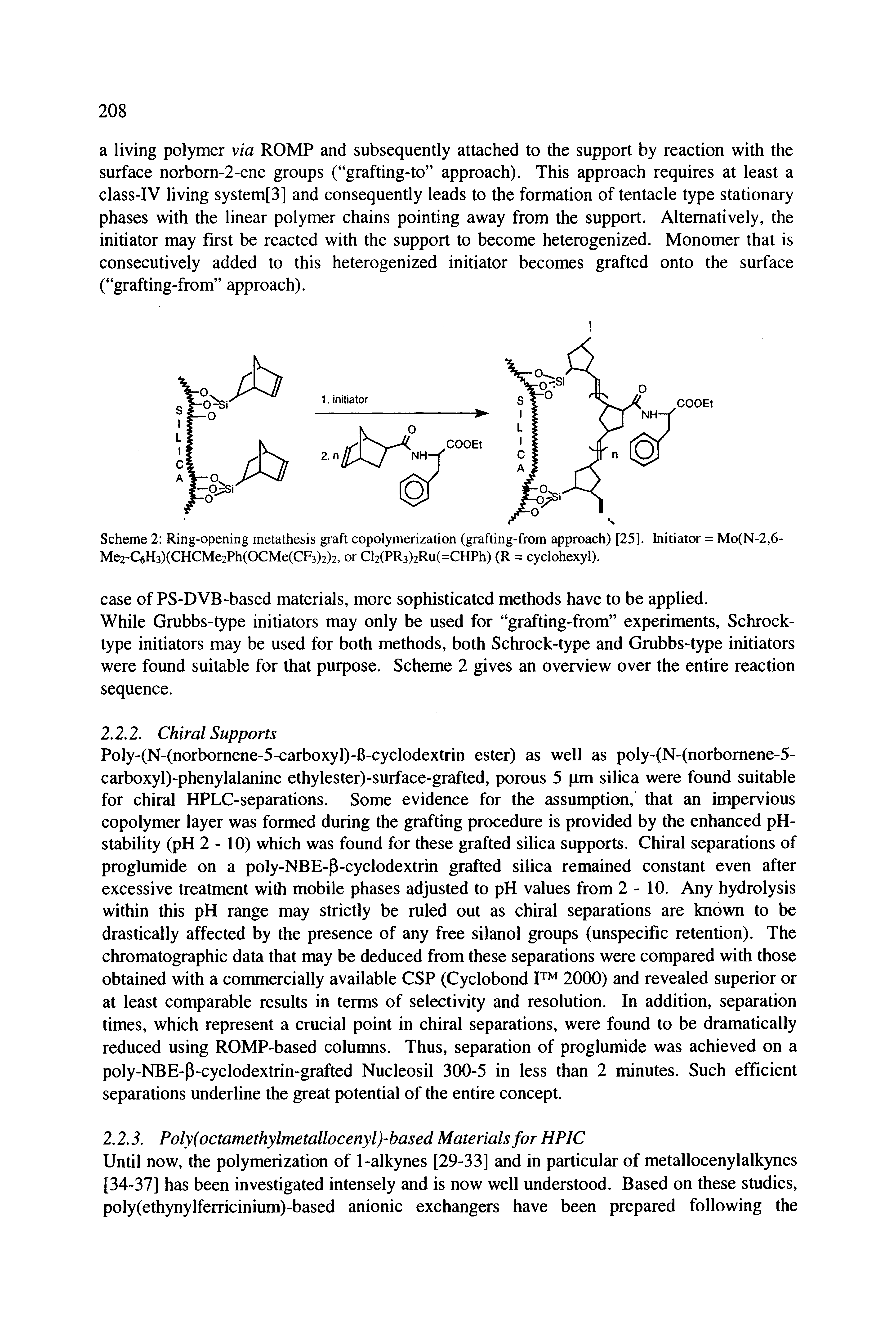 Scheme 2 Ring-opening metathesis graft copolymerization (grafting-from approach) [25]. Initiator = Mo(N-2,6-Me2-C6H3)(CHCMe2Ph(OCMe(CF3)2)2, or Cl2(PR3)2Ru(=CHPh) (R = cyclohexyl).