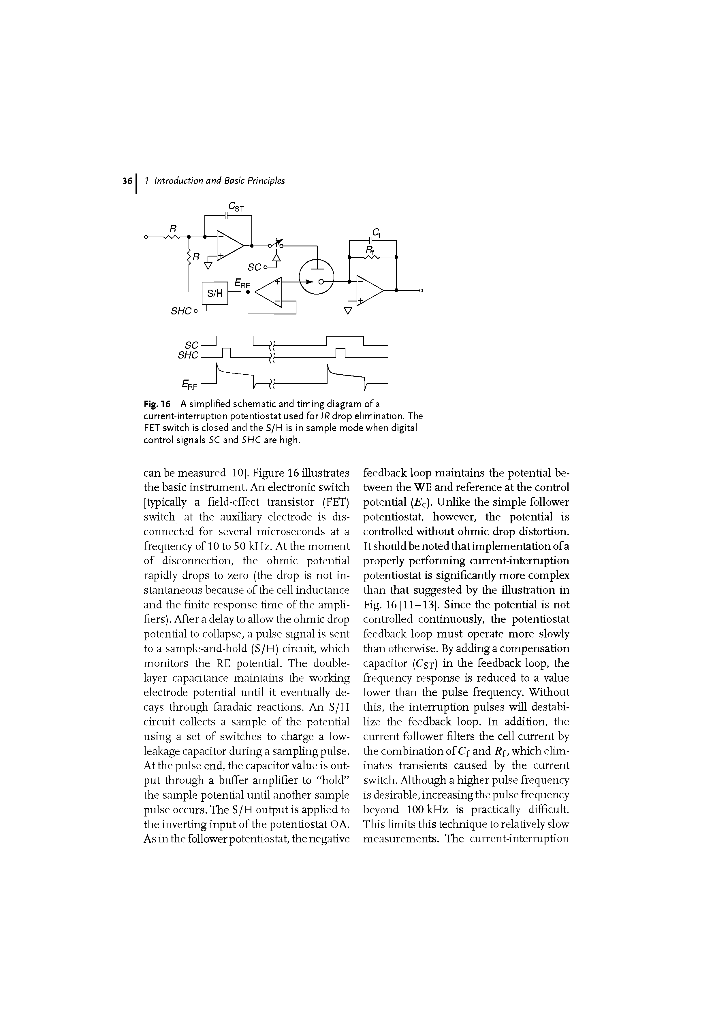 Fig. 16 A simplified schematic and timing diagram of a current-interruption potentiostat used for IR drop elimination. The FET switch is closed and the S/H is in sample mode when digital control signals SC and SHC are high.