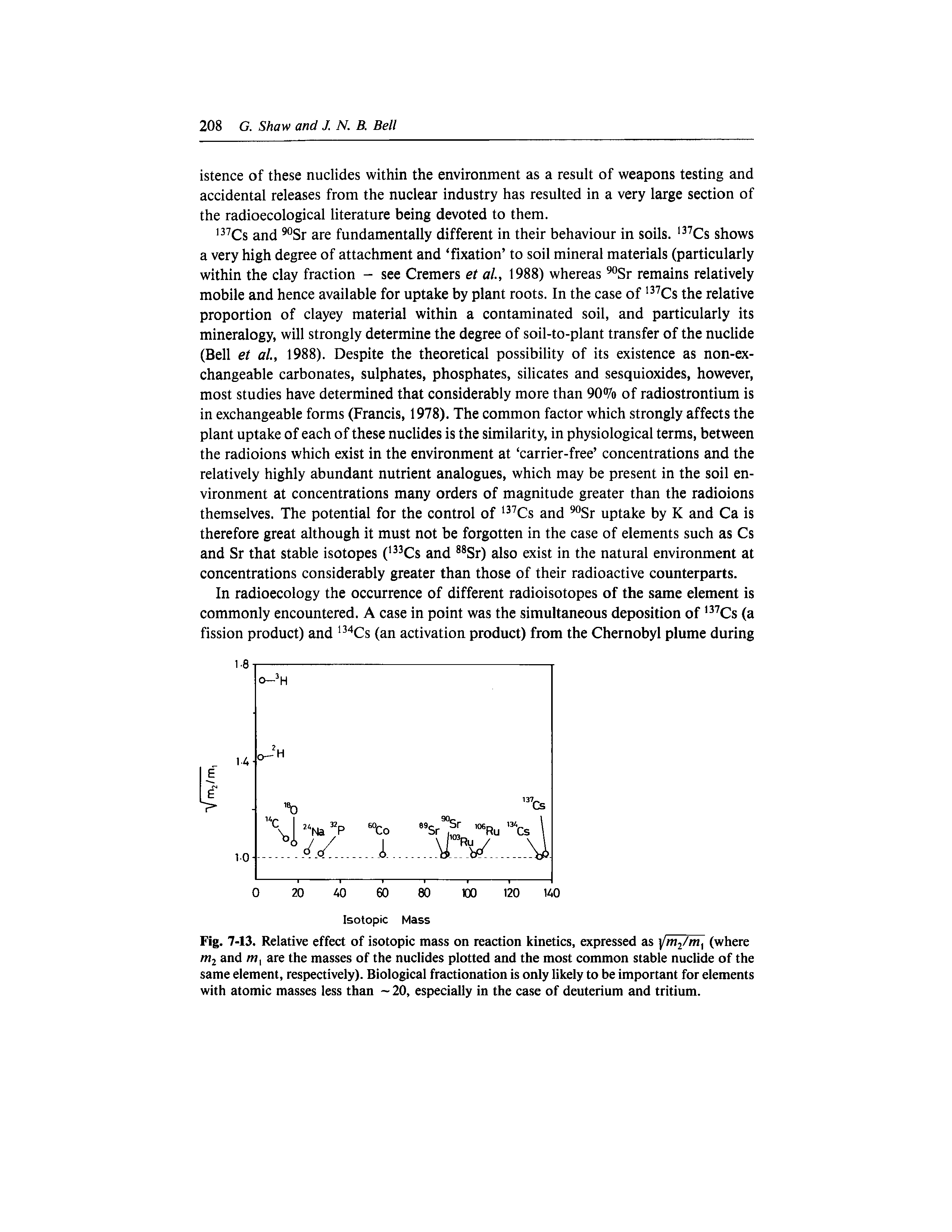 Fig. 7-13. Relative effect of isotopic mass on reaction kinetics, expressed as ]/m2/mt (where m2 and m, are the masses of the nuclides plotted and the most common stable nuclide of the same element, respectively). Biological fractionation is only likely to be important for elements with atomic masses less than — 20, especially in the case of deuterium and tritium.