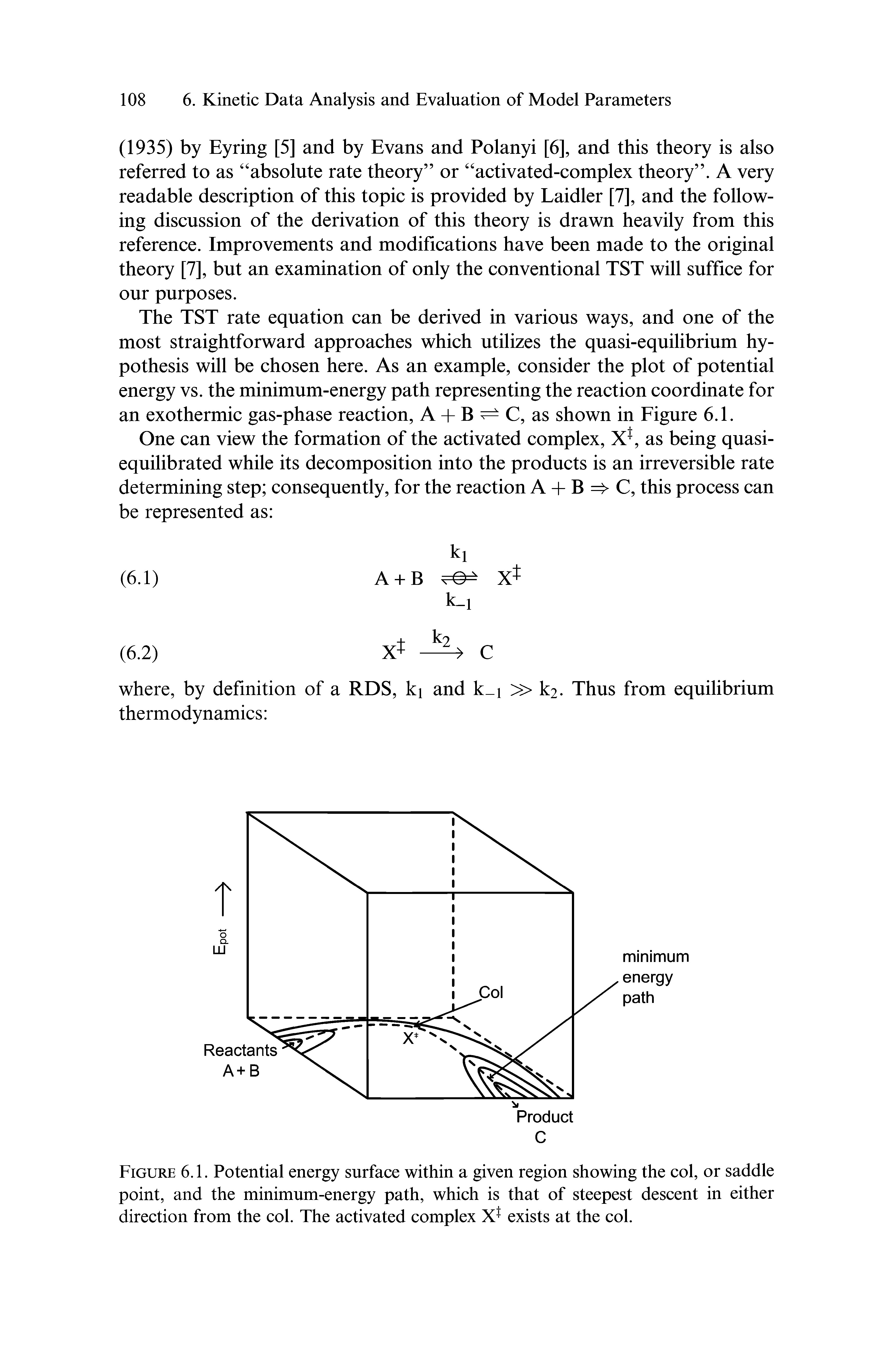 Figure 6.1. Potential energy surface within a given region showing the col, or saddle point, and the minimum-energy path, which is that of steepest descent in either direction from the col. The activated complex exists at the col.