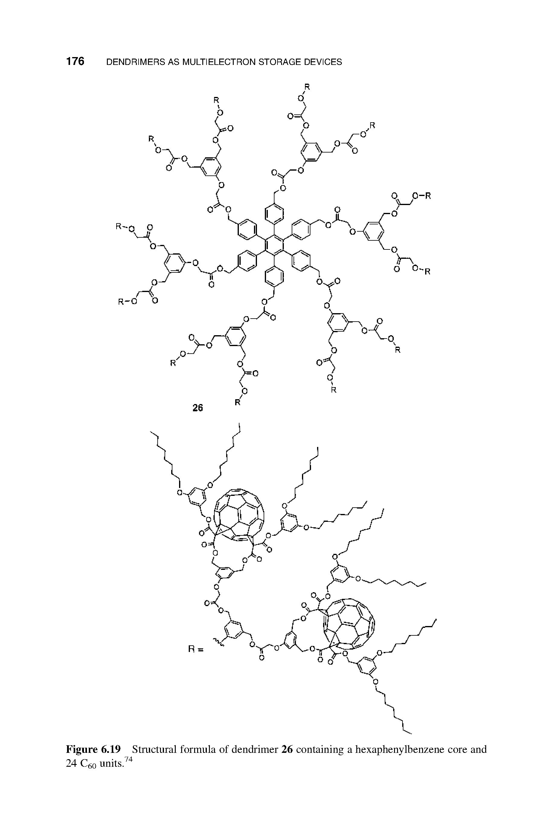 Figure 6.19 Structural formula of dendrimer 26 containing a hexaphenylbenzene core and 24 C60 units.74...