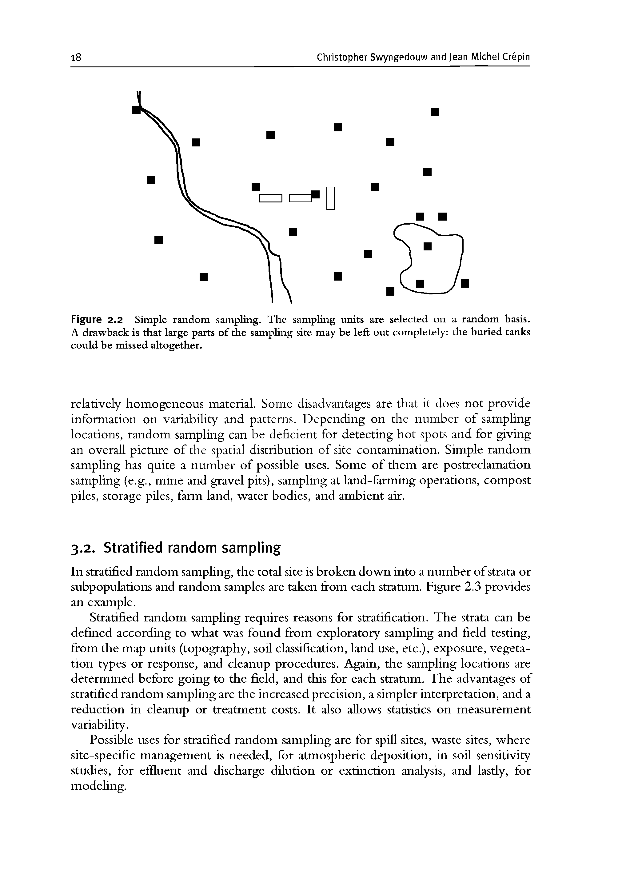 Figure 2.2 Simple random sampling. The sampling units are selected on a random basis. A drawback is that large parts of the sampling site may be left out completely the buried tanks could be missed altogether.