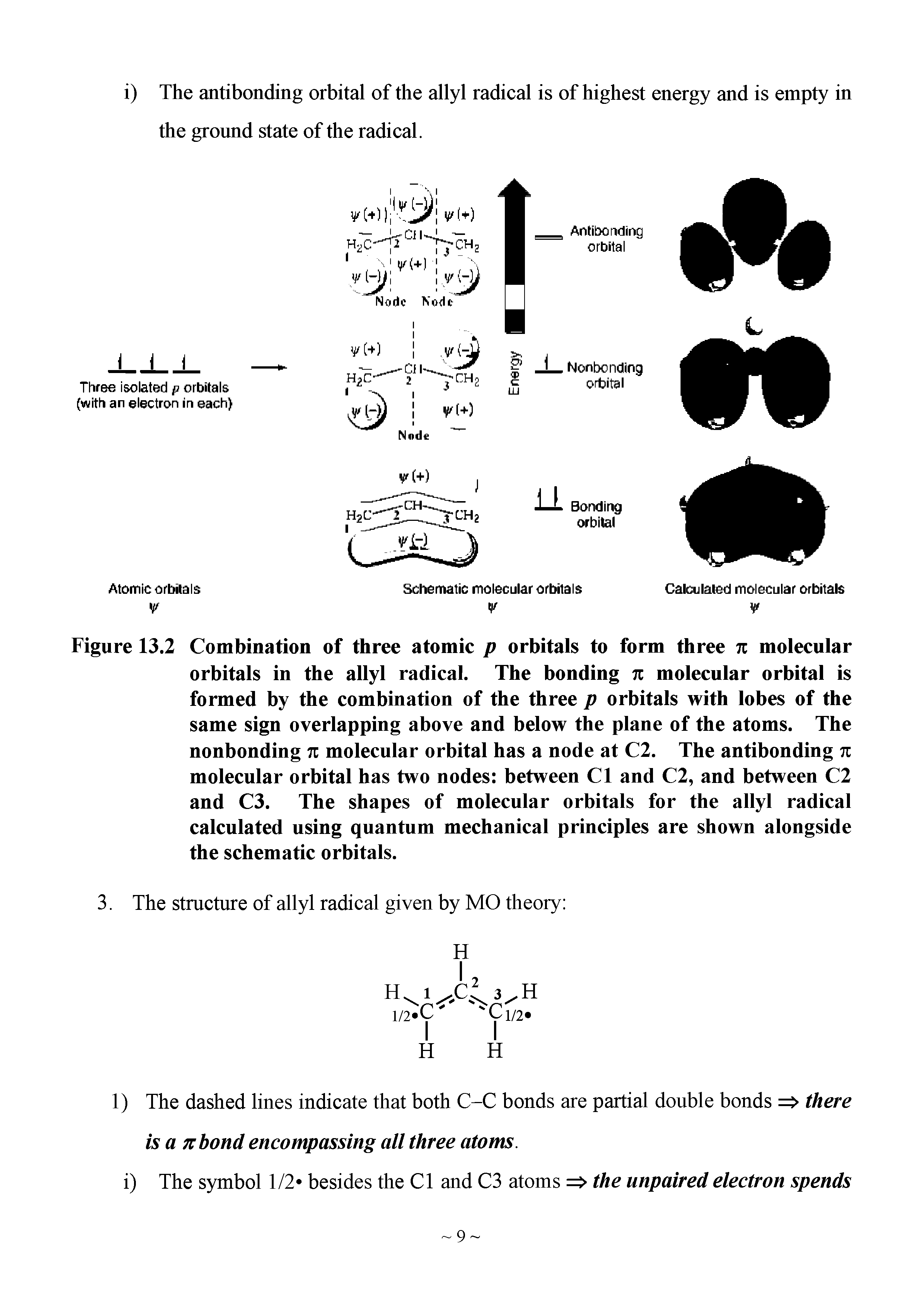 Figure 13.2 Combination of three atomic p orbitals to form three n molecular orbitals in the allyl radical. The bonding n molecular orbital is formed by the combination of the three p orbitals with lobes of the same sign overlapping above and below the plane of the atoms. The nonbonding n molecular orbital has a node at C2. The antibonding n molecular orbital has two nodes between Cl and C2, and between C2 and C3. The shapes of molecular orbitals for the allyl radical calculated using quantum mechanical principles are shown alongside the schematic orbitals.