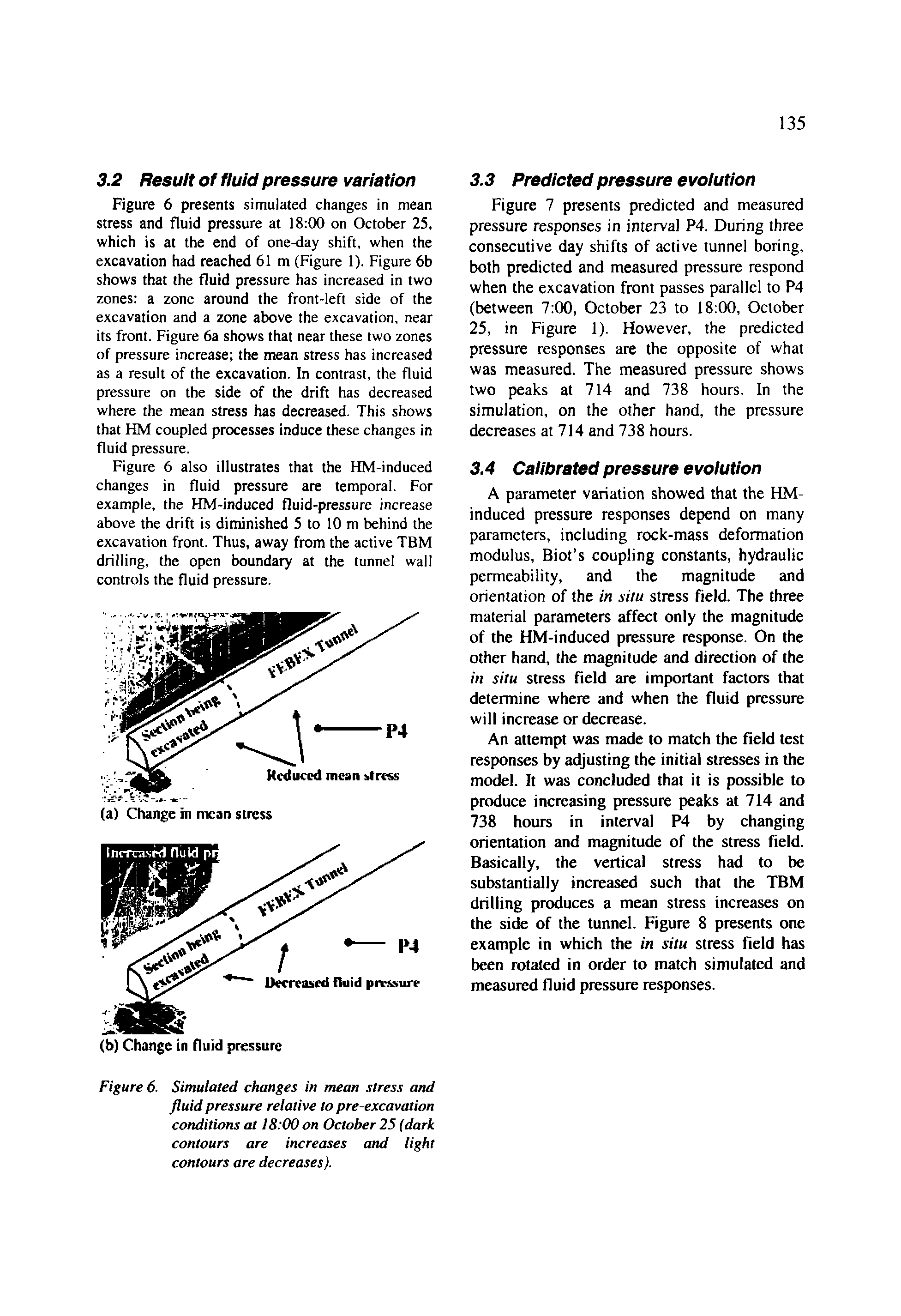 Figure 7 presents predicted and measured pressure responses in interval P4. During three consecutive day shifts of active tunnel boring, both predicted and measured pressure respond when the excavation front passes parallel to P4 (between 7 00, October 23 to 18 CK3, October 25, in Figure 1). However, the predicted pressure responses are the opposite of what was measured. The measured pressure shows two peaks at 714 and 738 hours. In the simulation, on the other hand, the pressure decreases at 714 and 738 hours.