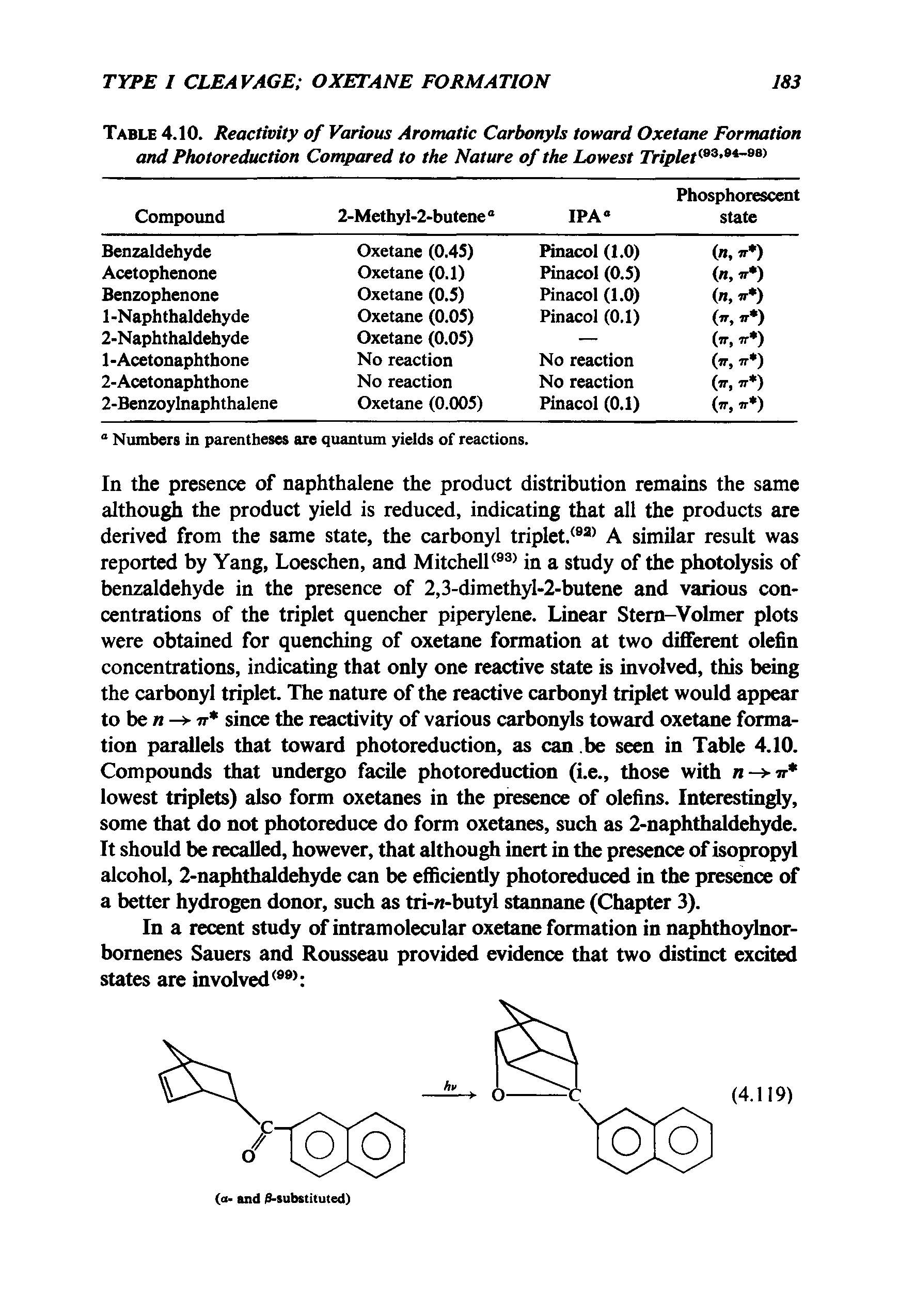 Table 4.10. Reactivity of Various Aromatic Carbonyls toward Oxetane Formation and Photoreduction Compared to the Nature of the Lowest TripletiB3,9 Bm...