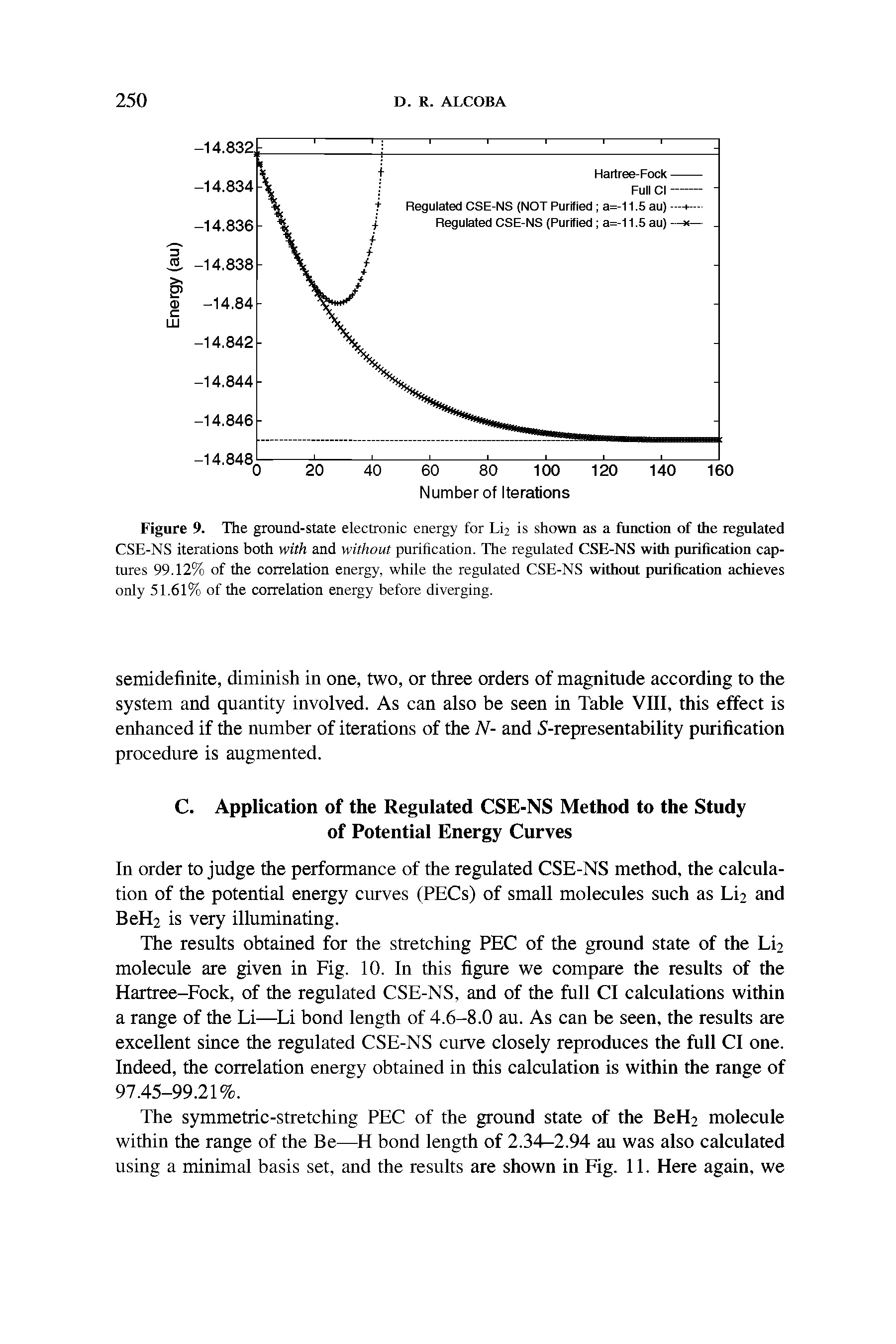 Figure 9. The ground-state electronic energy for O2 is shown as a function of the regulated CSE-NS iterations both with and without purification. The regulated CSE-NS with purification captures 99.12% of the correlation energy, while the regulated CSE-NS without purification achieves only 51.61% of the correlation energy before diverging.