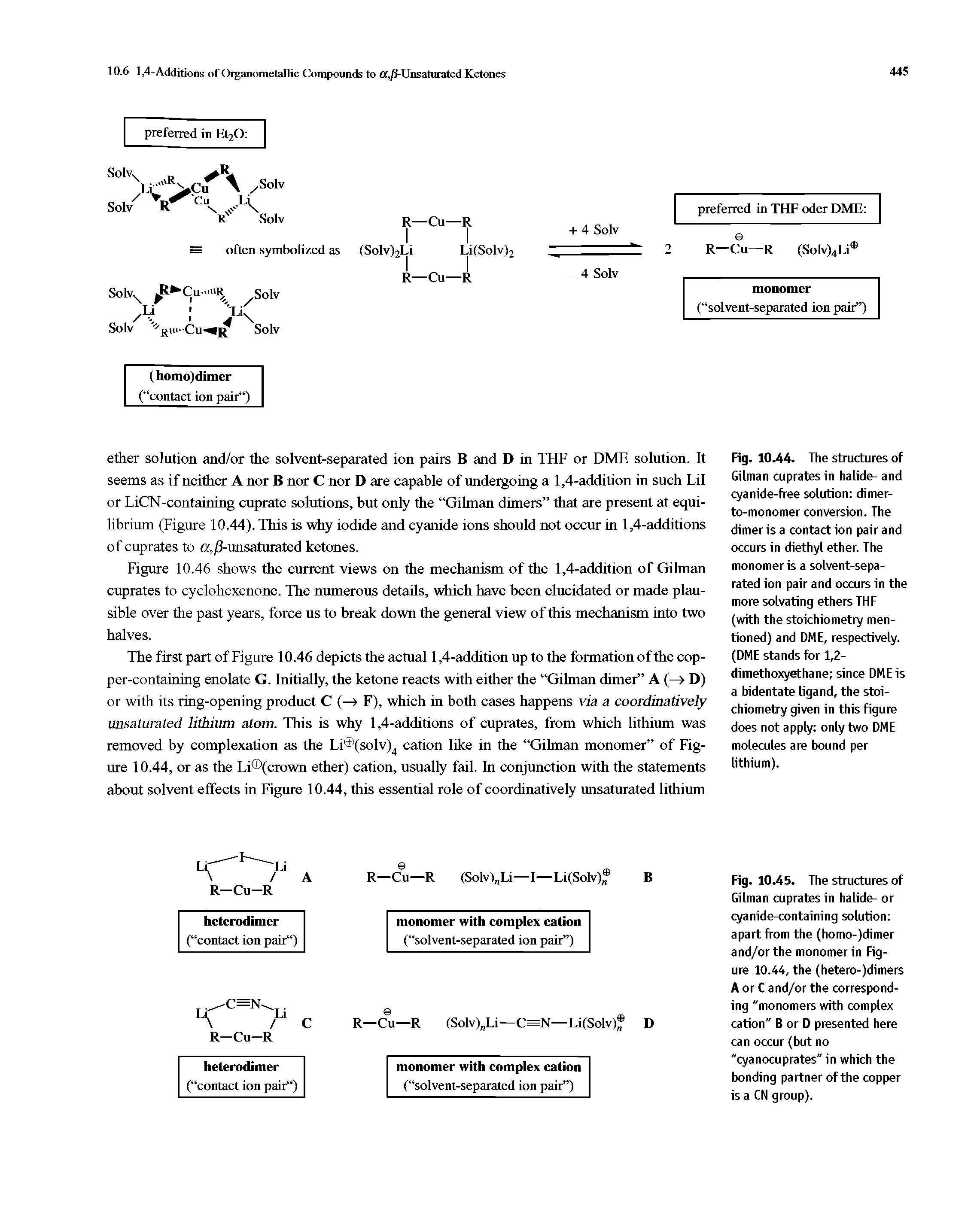 Fig. 10.45. The structures of Gilman cuprates in halide- or cyanide-containing solution apart from the (homo-)dimer and/or the monomer in Figure 10.44, the (hetero-)dimers A or C and/or the corresponding "monomers with complex cation" B or D presented here can occur (but no "cyanocuprates" in which the bonding partner of the copper is a CN group).