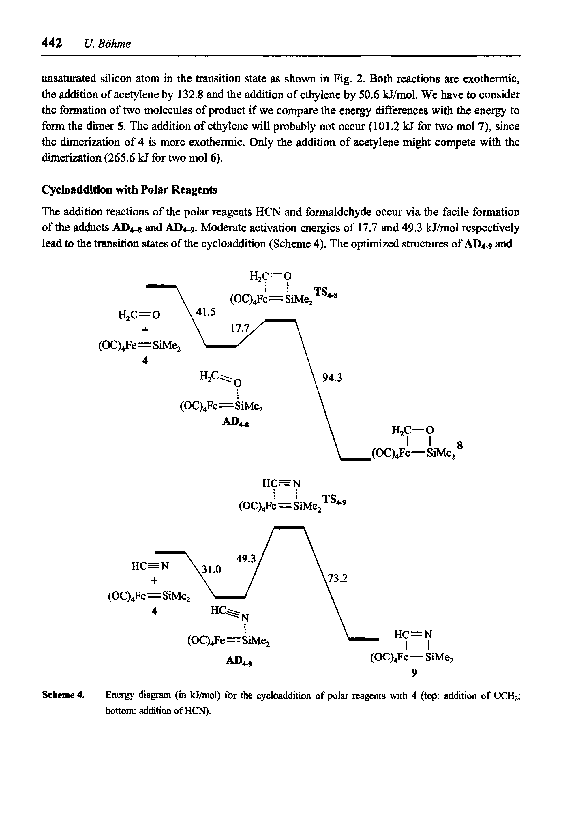 Scheme 4. Energy diagram (in kJ/mol) for the cycloaddition of polar reagents with 4 (top addition of OCH2 bottom addition of HCN).